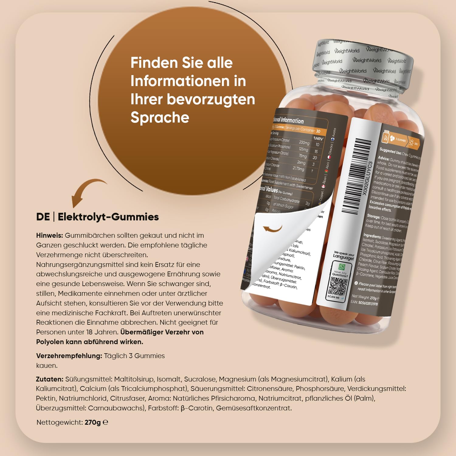 Elektrolyte Gummibärchen - 448mg pro Portion - Multimineral mit Magnesium, Kalzium, Kalium, Natrium, Chlorid - 90 Gummies - Electrolyte Komplex Gummies - Electrolytes Sugar Free - WeightWorld