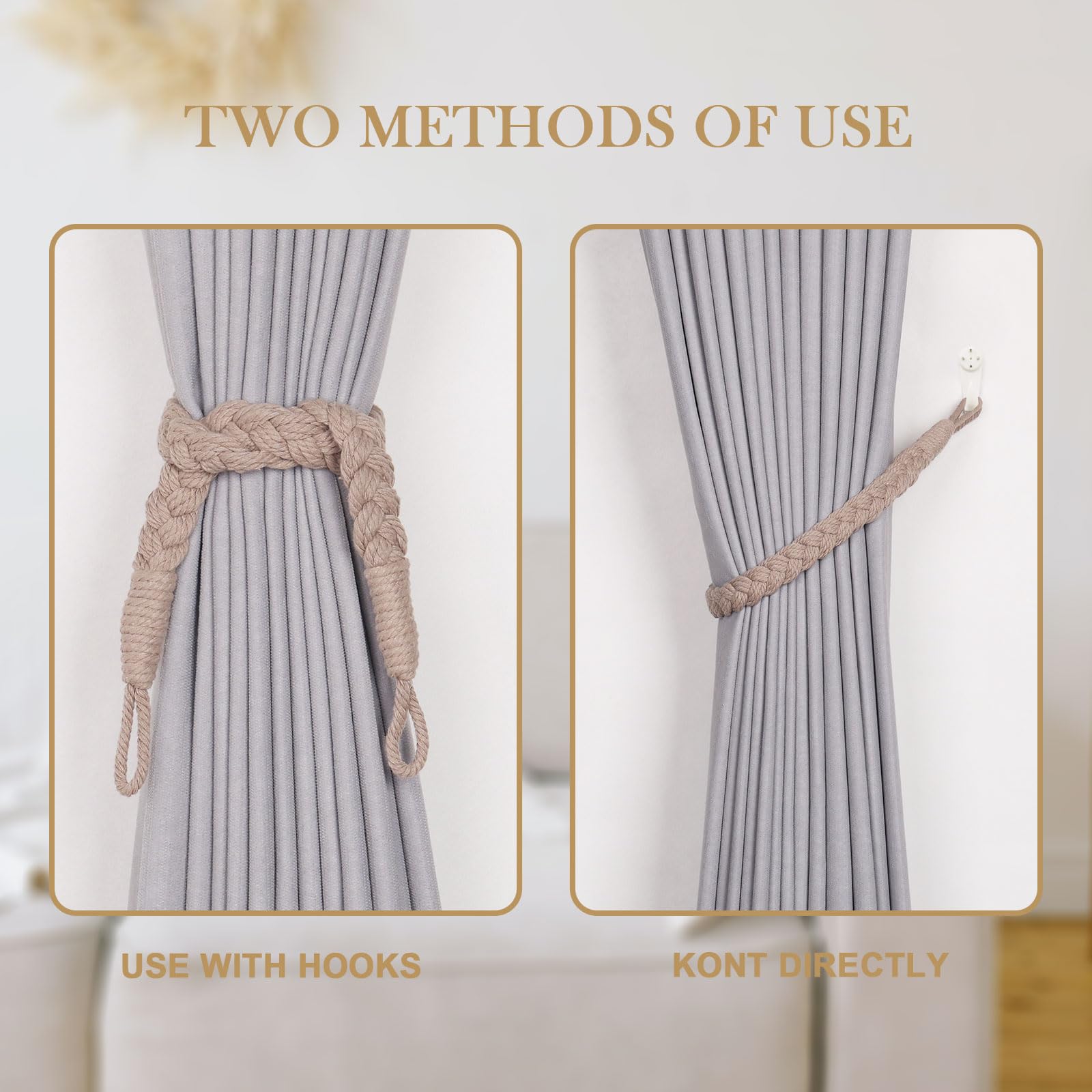 Pretty Jolly 4 Pack Natural Cotton Rope Curtain Tiebacks Elegant Boho Style Decorative Drape Tie Backs Soft Hand-Woven Rope Curtain Holdbacks with Metal Hook for Home & Office Drapery (Grey Coffee) - Image 4