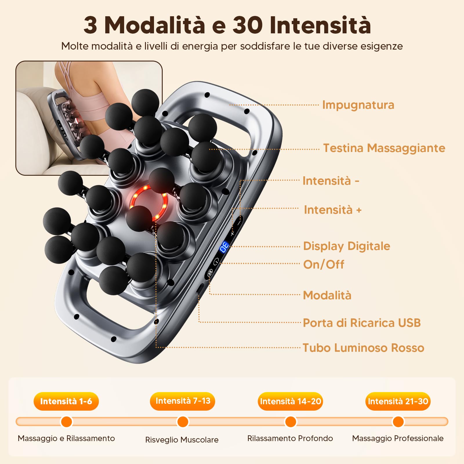 Pistola elettrica per massaggio, 20 teste, 30 livelli di velocità, 4 modalità, per gambe, braccia e dimensioni, nero
