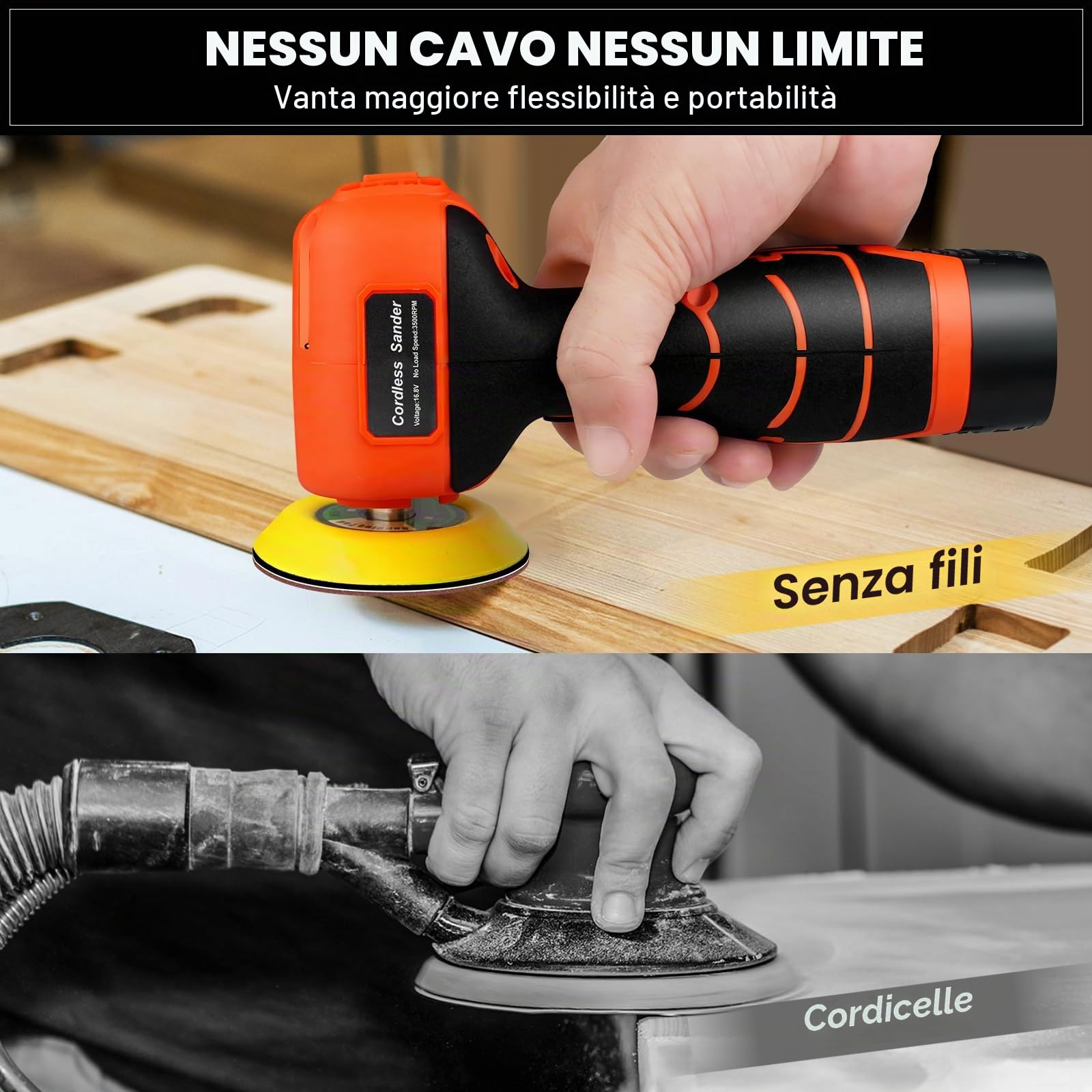 Levigatrice elettrica senza fili 16,8V con 36 fogli di carta abrasiva, 3500 giri/min, 2 batterie da 3,0 Ah, design leggero e compatto per legno, metallo, rimozione di vernice e progetti fai-da-te