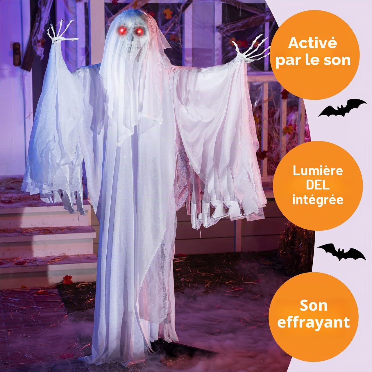OYIN Décoration de fantôme animée pour Halloween - 172,7 cm - Squelette Debout - avec Yeux Lumineux et Son Effrayant (Activation sonore) - pour Halloween,