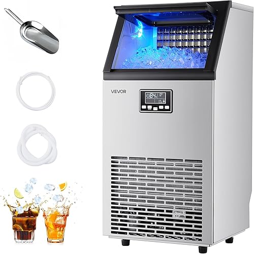 VEVOR Commercial Ice Maker Machine, 100 lbs/24h with 28Lbs Storage, 45 Cubes per Cycle, Stainless Steel Freestanding & Under Counter Ice Maker with LED Display & Self-Cleaning, for Home Bar Restaurant