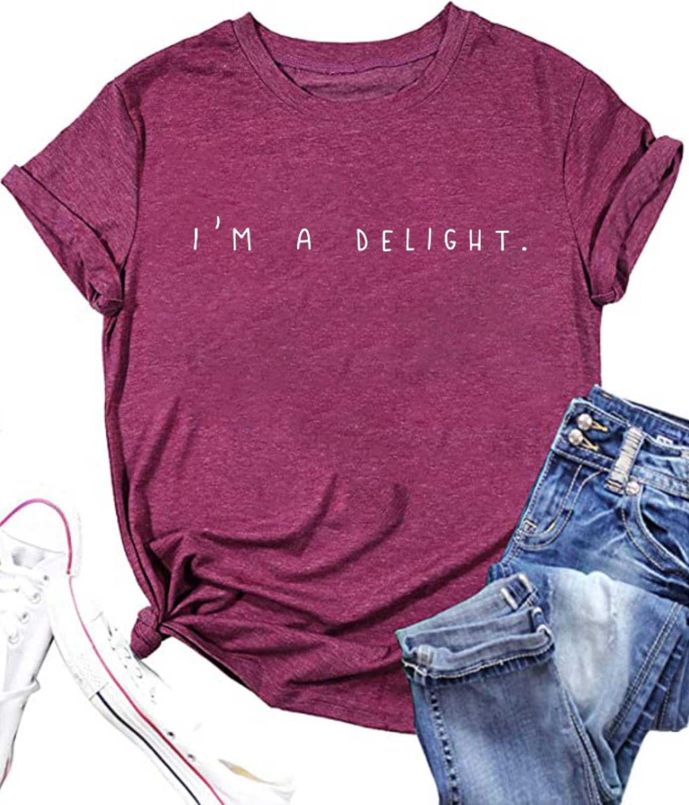 I'm A Delight Shirt Women Funny Graphic Print Tee Tops Sarcastic Saying Crewneck Short Sleeve Tops Casual Loose Tees, Red2, M