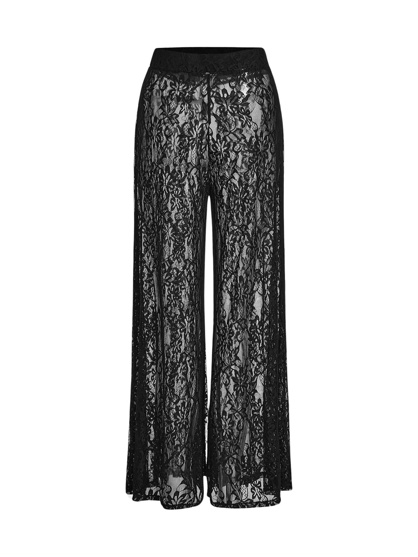 WDIRARA Womens Lace Sheer Mesh Pants High Rise Elastic Waist Trousers Wide Leg Bottoms
