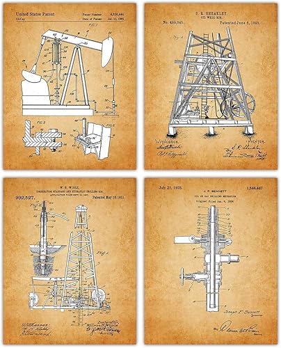 Buzz Unplugged Vintage Oil Rig Patent Print, Set of 4, 8x10 Aesthetic Wall Posters and Unique Art Prints Picture for Bathroom, Home, Man Cave, Dorm,