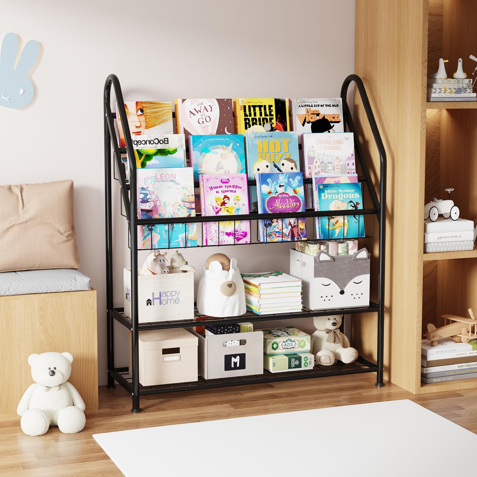 Rainbow Tree 5-Tier Metal Kids Bookshelf, Sling Bookshelf with Toy Organizer, Children Bookcase for Playroom Nursery Bedroom, Montessori Classroom Shelf