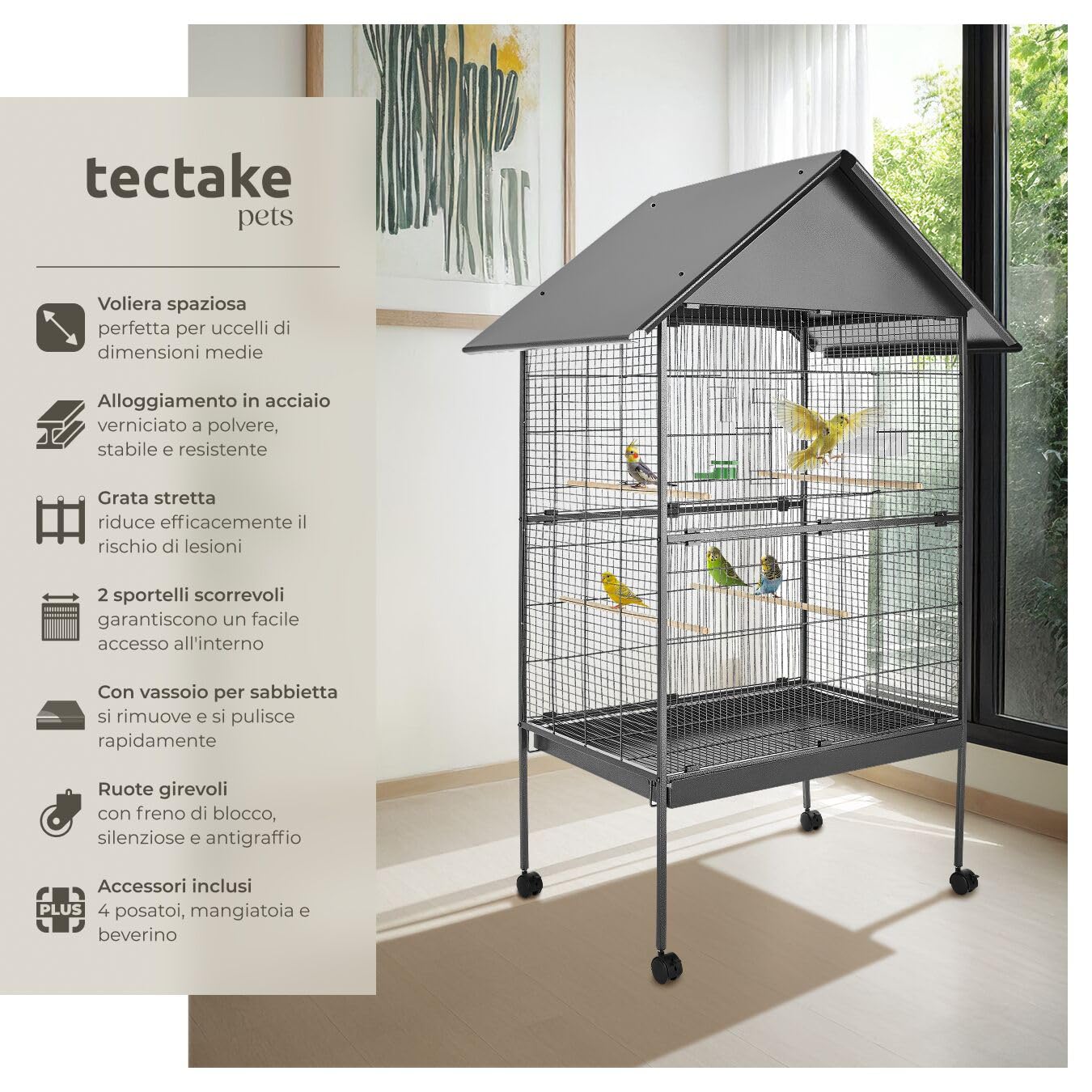 tectake® Gabbia per Uccelli, Spaziosa Voliera con Tetto Spiovente, Due Cancelletti, 4 Ballatoi, Piedi a Rotelle Bloccabili, 168 x 85 x 60 cm, Antracite, Tetto a Punta - 85 x 60 x 168 cm