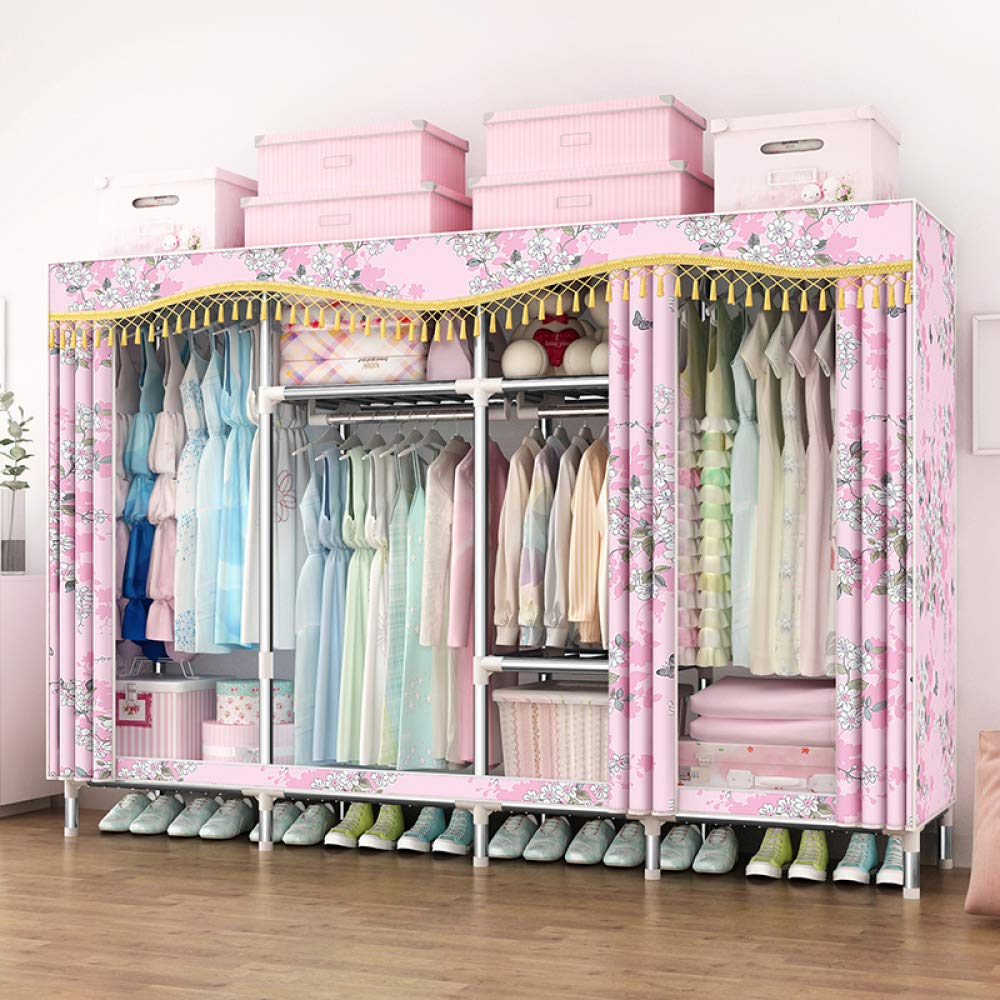 Garde-Robe Simple en Tissu Satin Grand Placard de Rangement Double Tuyau Acier 230x45x168cm