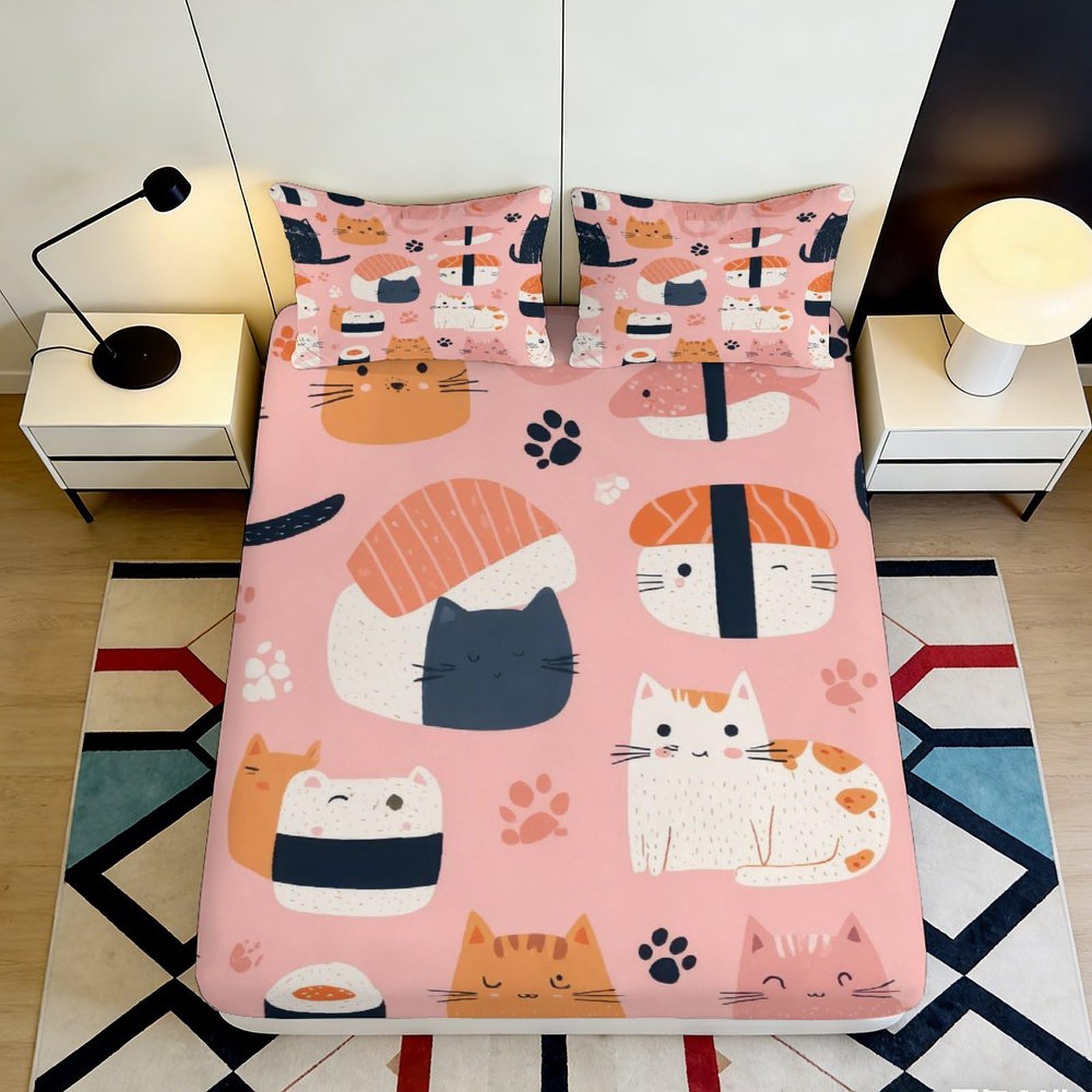 Jqzkxnhpbr Style-2 3D Printed Sushi Cat Fitted Sheet Microfiber Soft Pink Cartoon Animal Bed Cover For Bedroom Dorm Decor 90X200x25cm