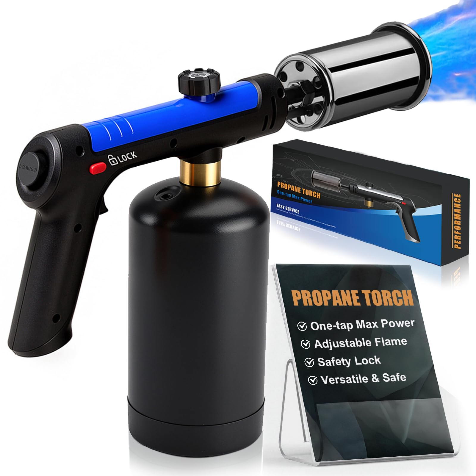 Propane Torch Gun With One-Touch Max Fire, Adjustable Kitchen Torch, Powerful Propane Torch With Many Safety Features(Tank Not Included)-Blue