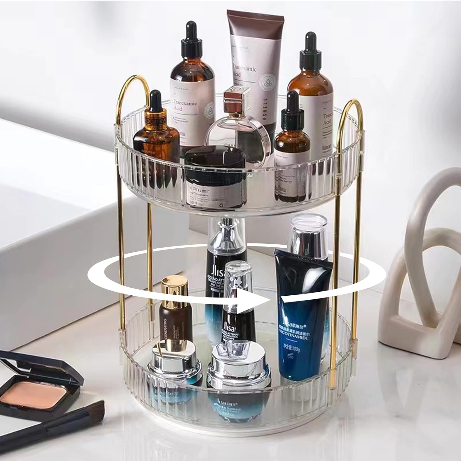 Xonusin 360° Rotating Makeup Organizer, 2 Tier Large Perfume Organizers with Portable Handle for Vanity Bathroom Countertop, Bathroom Counter Organizer for Cosmetics Skincare Perfume