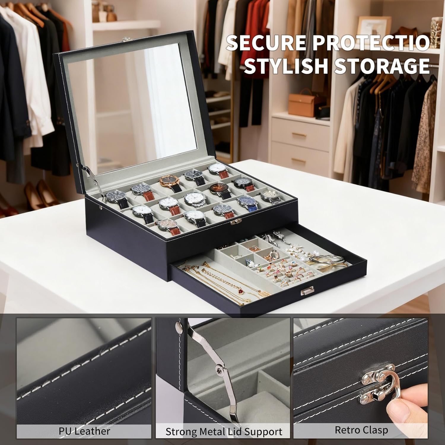 AUTOARK Premium 2-Layer Watch Box Organizer with Lock,Holds 15 Watches + Jewelry,Drawer for Rings Earrings Bracelets,Large Glass Lid,Soft PU Leather,Gift for Men Women,Black,MKAW-137