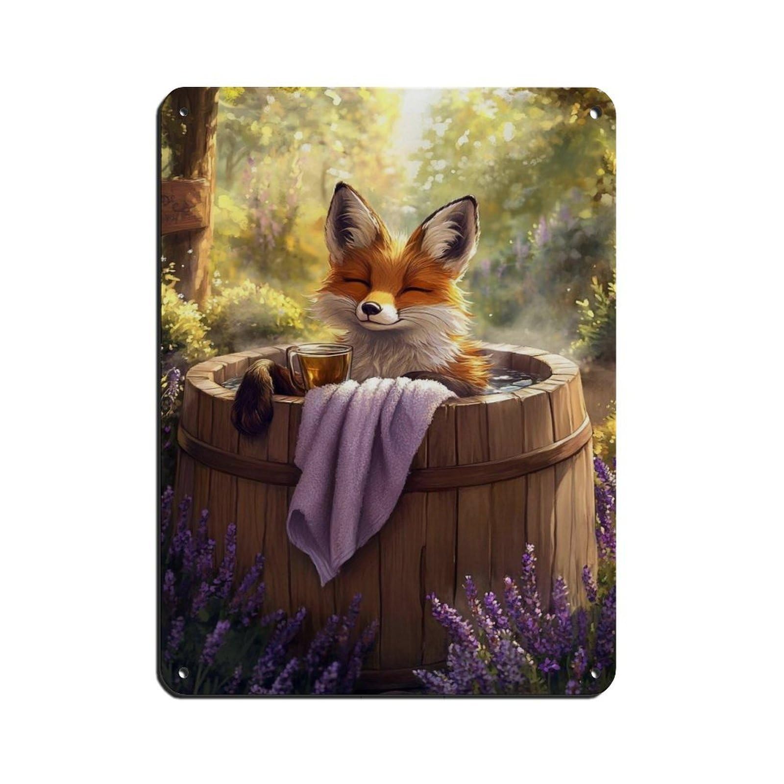 Fox in Tub, Cute Animal Retro Poster Metal Tin Sign Chic Art Retro Iron Painting Bar People Cave Cafe Family Garage Poster Wall Decoration 12x16inch(30x40cm)
