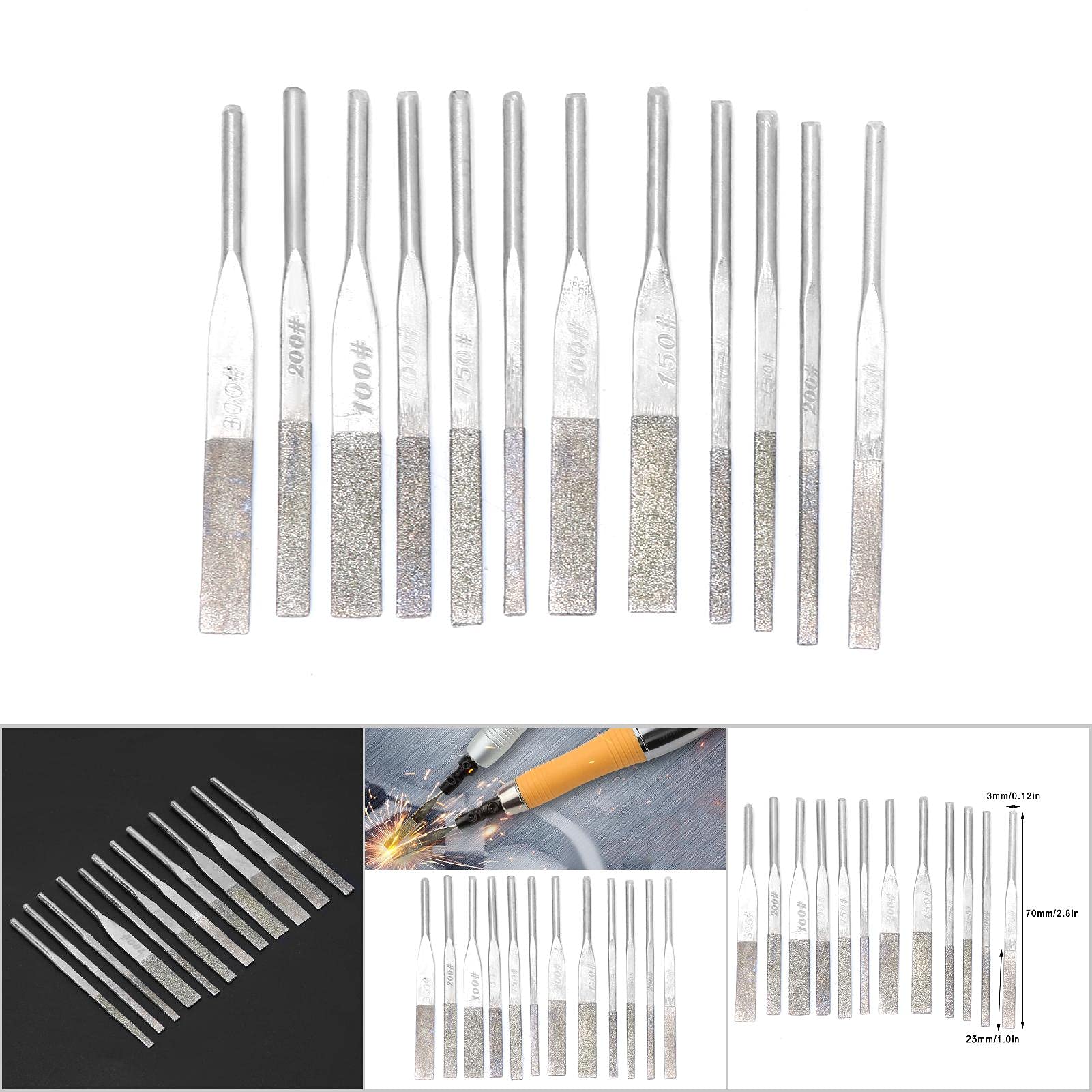 Set di Lime Diamantate 12 Pezzi, Lime Ad Ago di Precisione con Gambo per Rettifica Conica, Grana 100/150/200/300 - Utensili Rotanti per Lavorazione Metalli e Materiali Duri