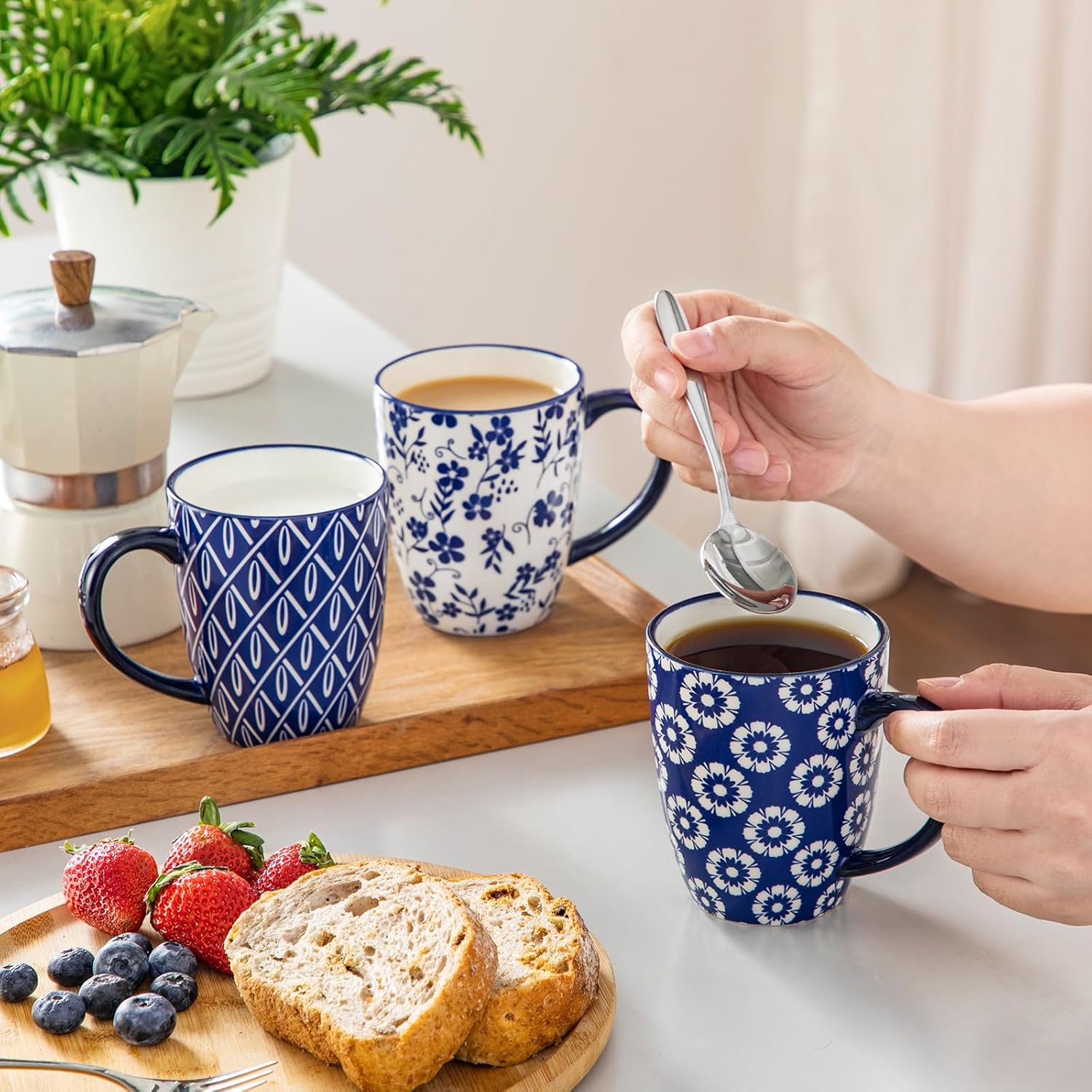 vancasso SELENE Coffee Mugs Set of 6, 12 Oz Porcelain Coffee Cups with Handle, Ceramic Tea Cup for Cappuccino, Latte, Tea, Cocoa, Dishwasher & Microwave Safe Gift Sets, Vintage Blue - Image 6