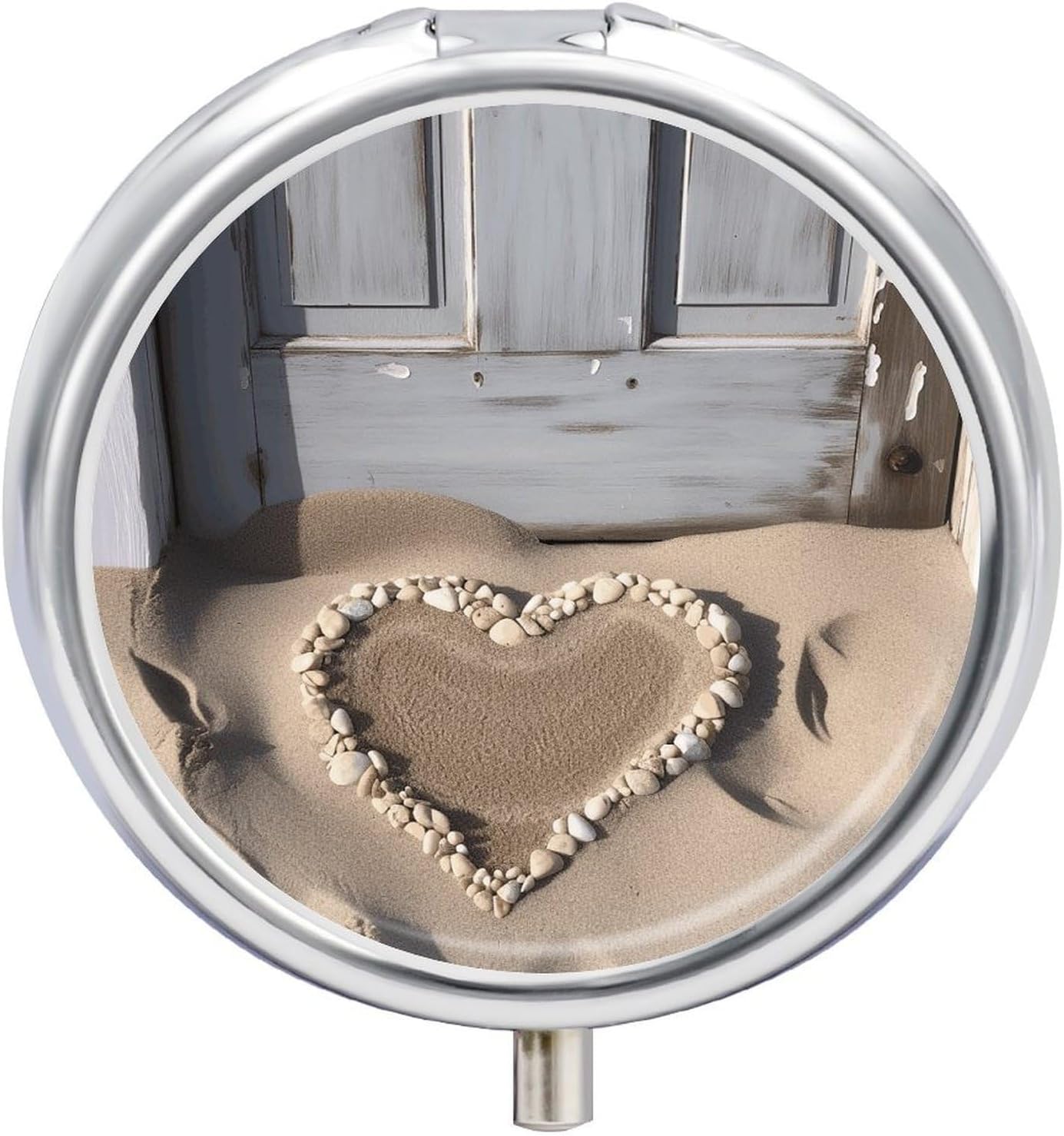 Beach Heart Round Pill Box with 3 Compartments & Mirror