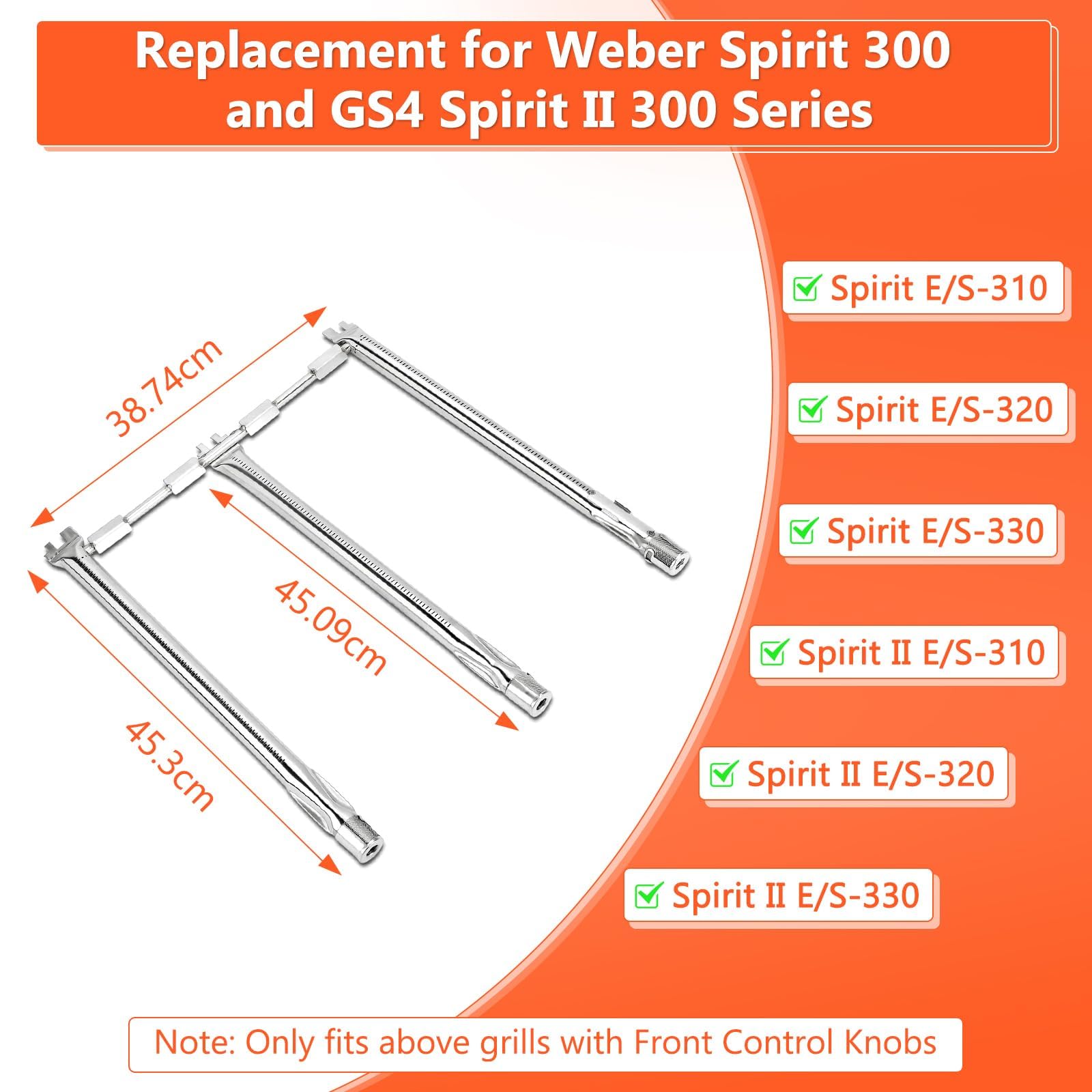 GFTIME 69787 45.7cmTubo Bruciatore per griglia Acciaio Inossidabile per Weber Spirit Ⅰ & Ⅱ 300 Serie, Spirit E310 S310 E320 S320 E330 S330 SP-330 (2013 e successivi)（Manopole di controllo anteriore）