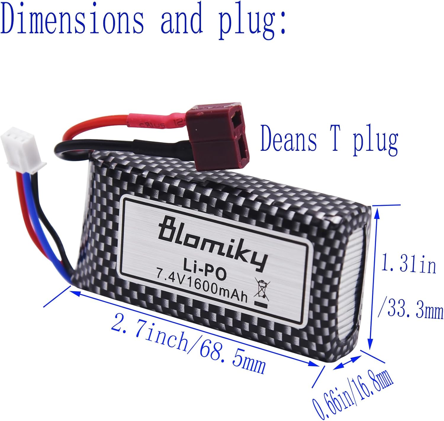 Blomiky 2 Pack 11.84Wh 7.4V 1600mAh Li-po Rechargeable Battery and USB Cable Suitable for Some 1/10 1/12 Scales RC Truck Cars 25-DJ02 / 7.4V 1600mAh 2