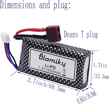 Blomiky 2 Pack 11.84Wh 7.4V 1600mAh Li-po Rechargeable Battery and USB Cable Suitable for Some 1/10 1/12 Scales RC Truck Cars 25-DJ02 / 7.4V 1600mAh 2