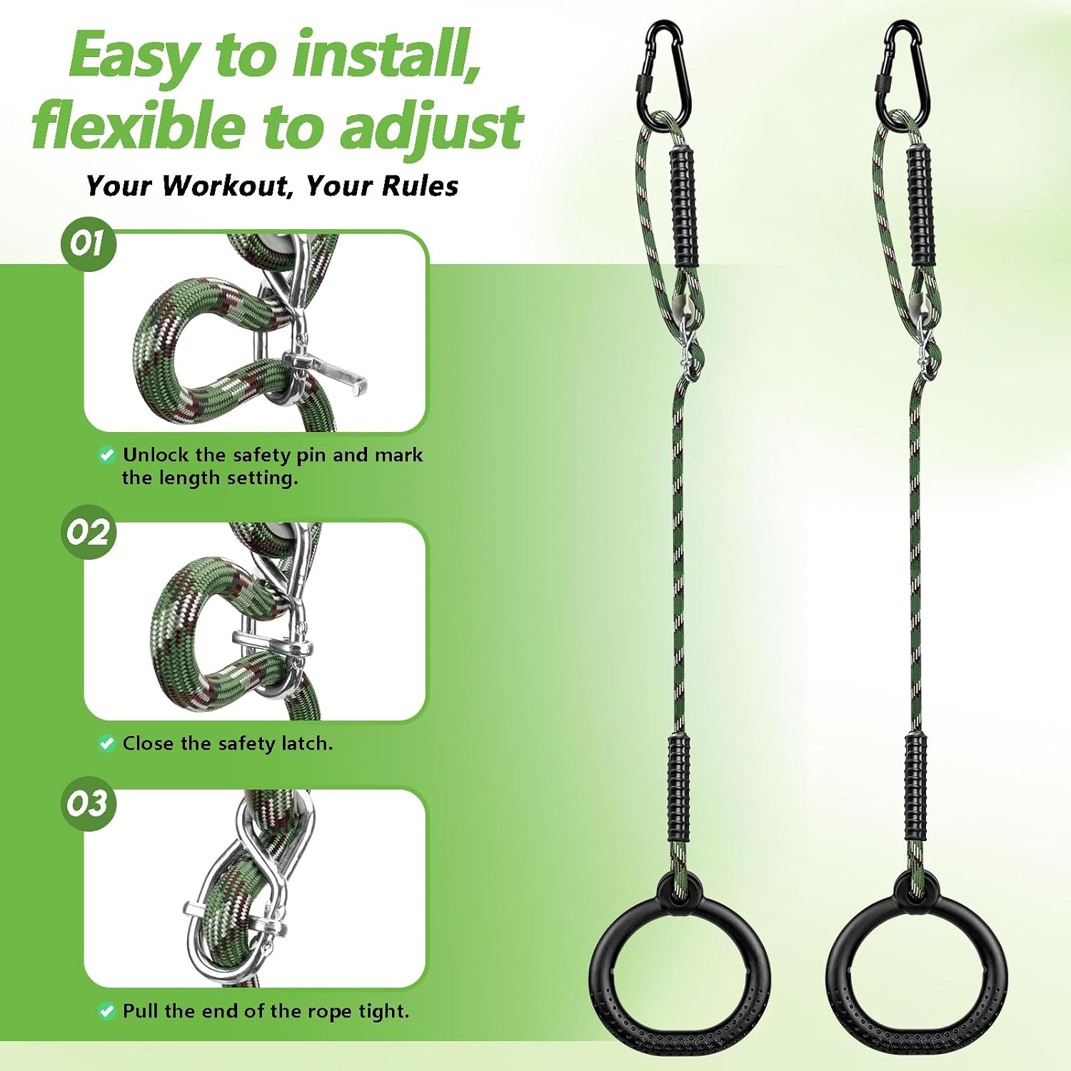 ZueZure 2 Pack Ninja Gymnastic Rings, Adjustable Length Rope, Non-Slip Trapeze Pull Up Swing Rings, Outdoor Backyard Obstacle Course Accessories, Home Gym Workout Equipment for Kids Teens Adults