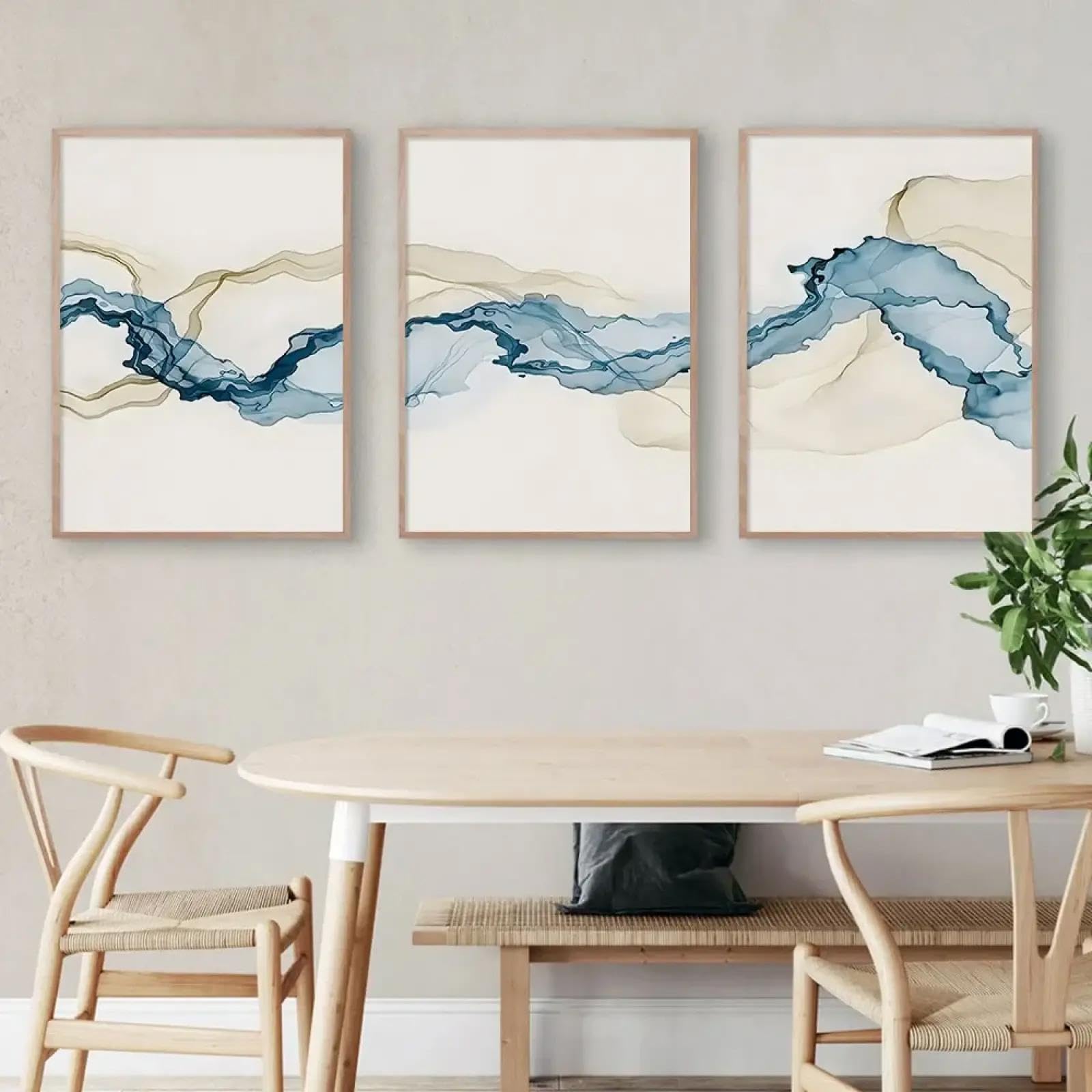 3er Abstrakt Poster Set Blau Wandbilder Kunst Leinwandbilder Modern Einfach Kunstdruck Deko Wandbilder für Schlafzimmer Küche Esszimmer Badezimmer und Büro 50x70 cm (mit Weiß Rahmen)