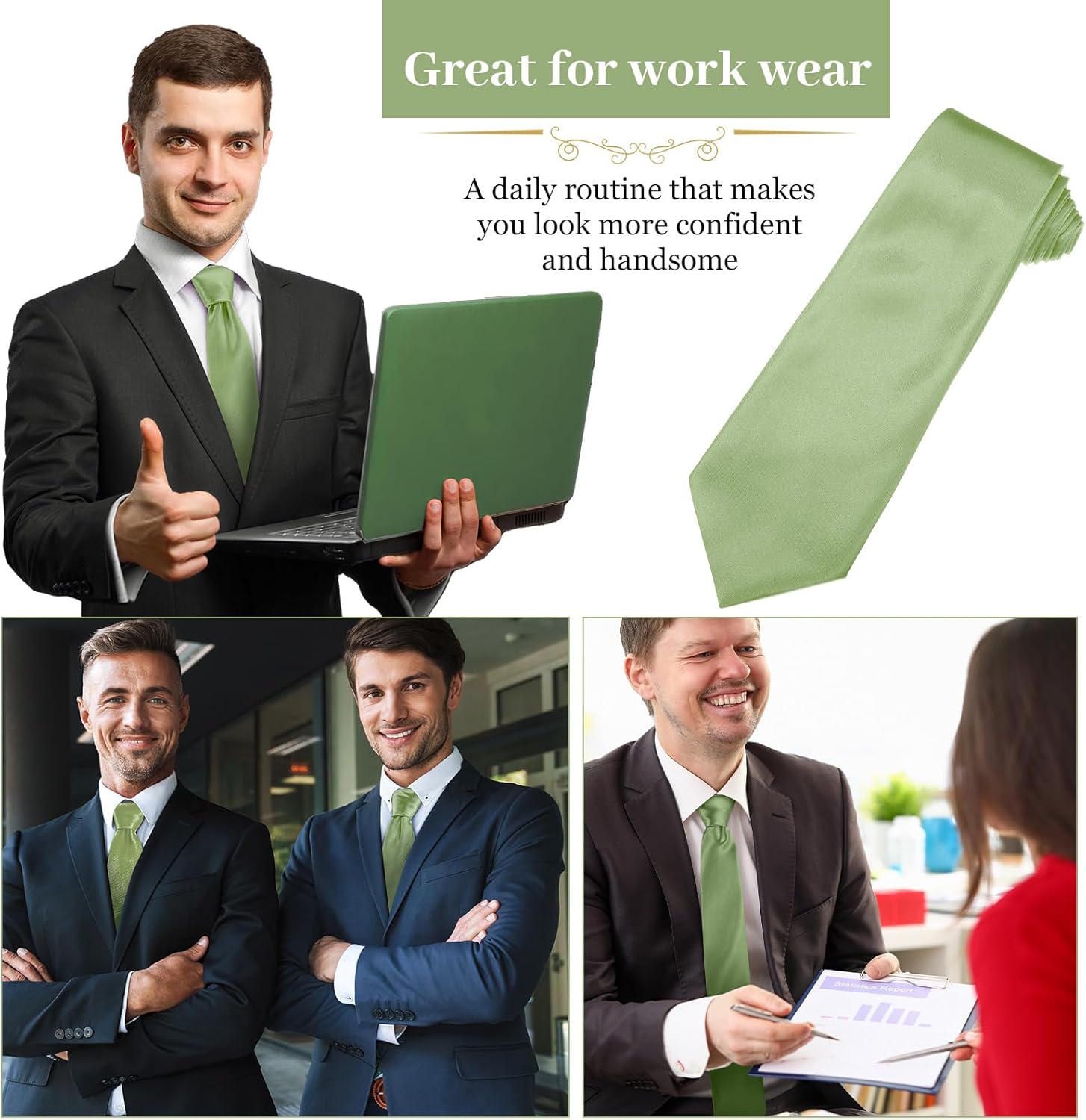 Syhood Solid Satin Pure Color Ties Set Business Formal Necktie Tie for Men Formal Occasion Wedding(Light Green,12 Pcs) - Image 5