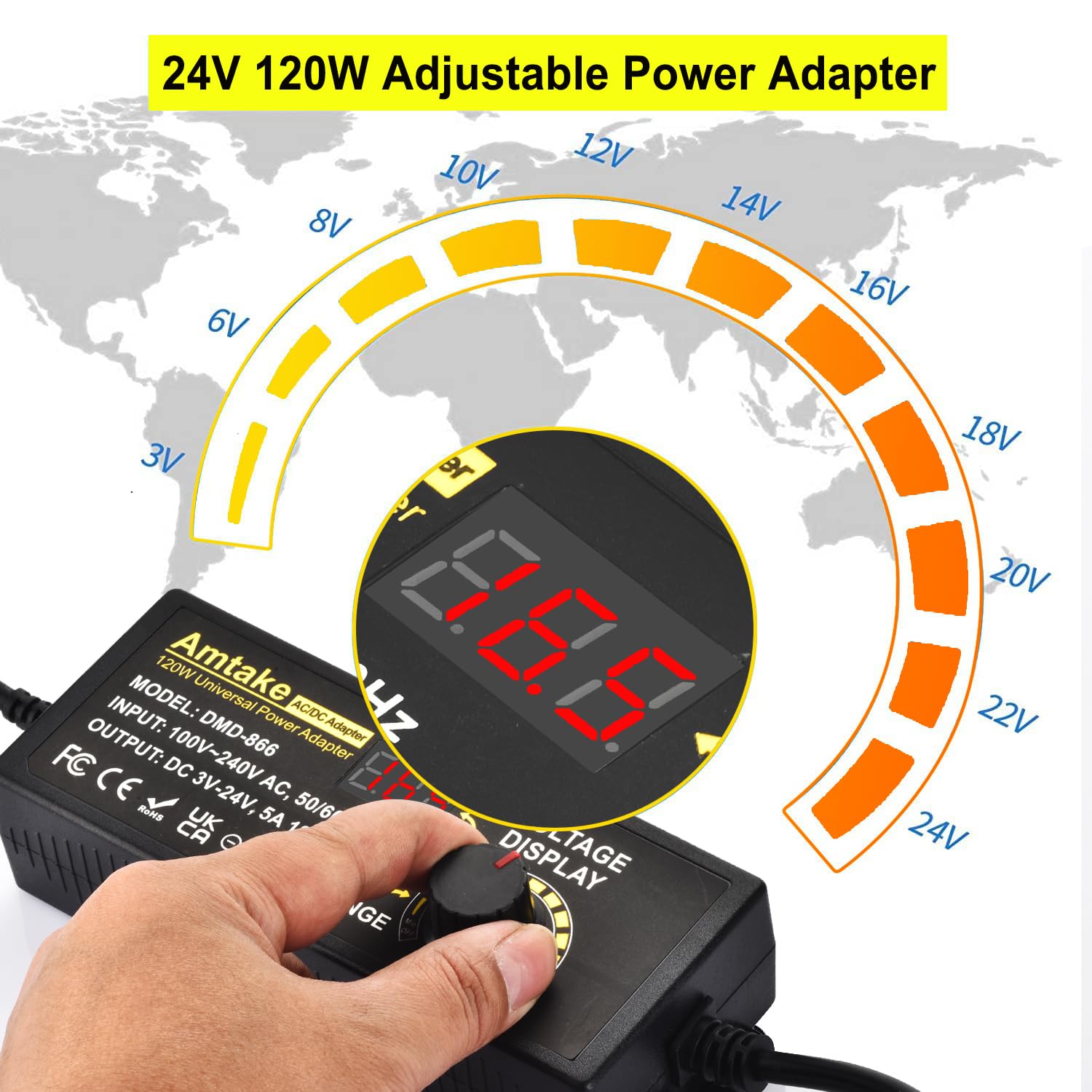 120W Universal Power Supply Adjustable AC to DC 3V ~ 24V Variable Switching AC/DC Adapter with LED Voltage Display and 5.5 x 2.5 mm 14 Tips for Household Electronics, DC Motor