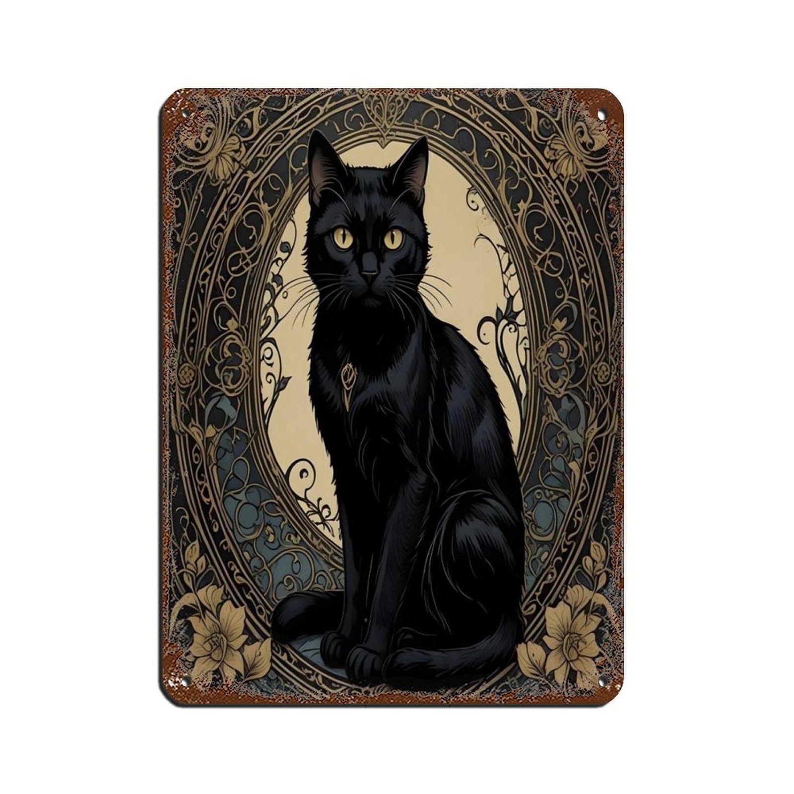 Art Nouveau Black Cat, Goth Dark Art Deco Tin Sign Vintage Metal Pub Club Cafe Bar Home Wall Art Decoration Poster Retro 12x16inch(30x40cm)