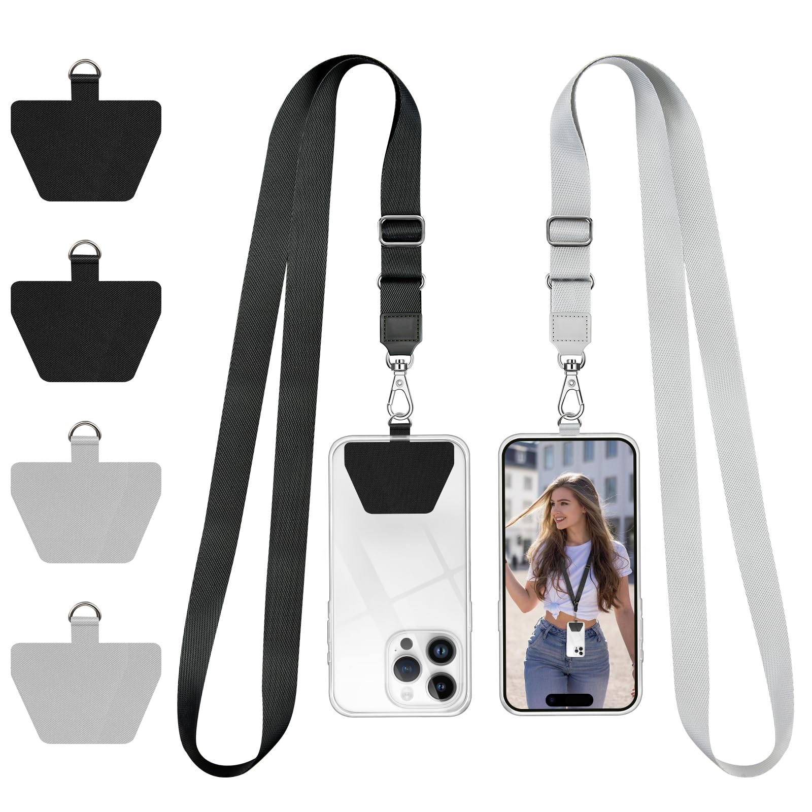 Doormoon Phone Strap Crossbody, Wrist Straps with Patch Cases Cell Phone Lanyards for Women Drop Protection Compatible with iPhone, Samsung, Google & Most Smartphones, 2 Pack, Black Grey