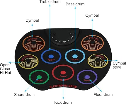 Electronic Drum Set, 9 Drum Roll Up Stereo Practice Pad Drum Kit for Kids Adult Beginner Percussion Instrument (Colored)