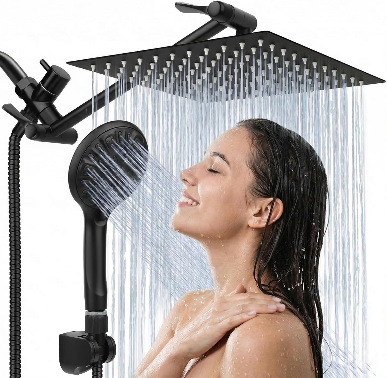 Shower Head 10โโ High Pressure Rainfall Shower Head/Handheld Shower Combo with 11'' Extension Arm, 9 Settings Anti-leak Head with Holder, Height/Angle Adjustable, Chrome, Matte Black