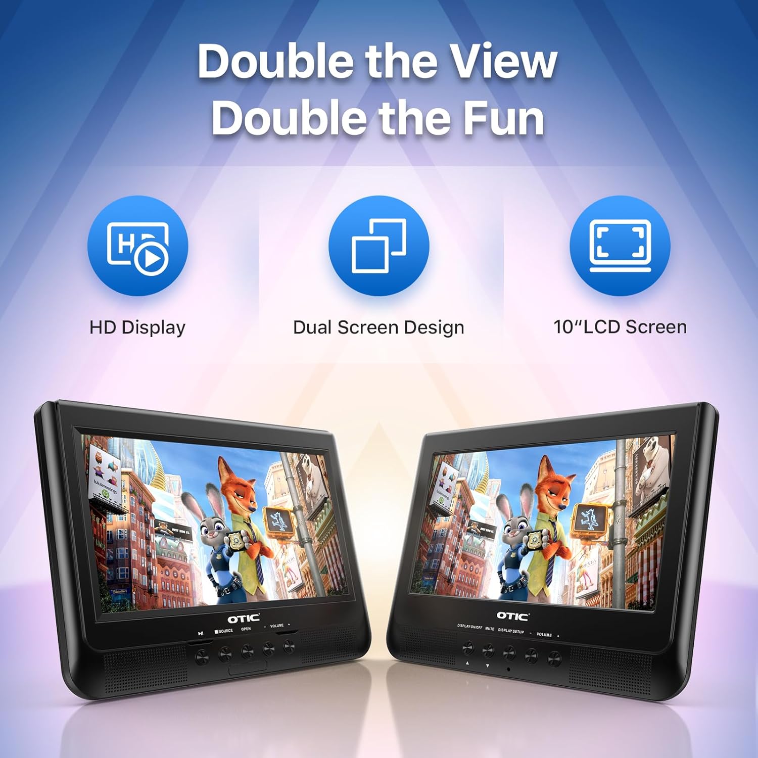 Image showing two OTIC DVD players side-by-side, illustrating the dual screen design.