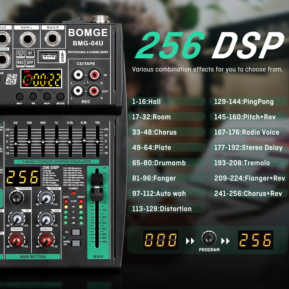 BOMGE - Mixer audio DJ professionale, DJ mixer a 4-8 canali, mixer audio Bluetooth, supporta ingresso computer USB/MP3/BT, 256DSP, alimentazione phantom da 48 V adatto per registrazione di streaming