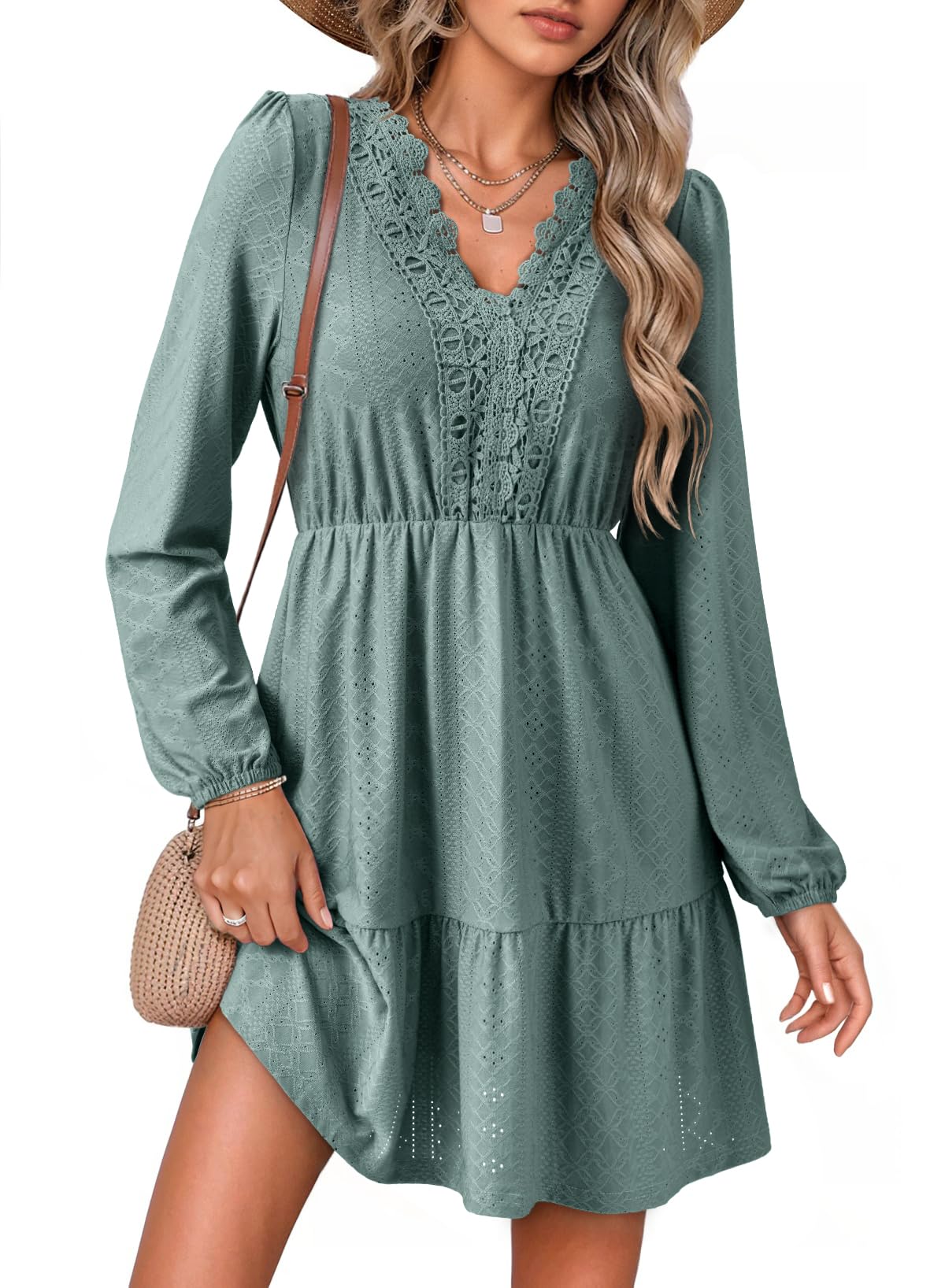 Dokotoo Womens Dresses Spring Summer Elegant Lace Hollow Out Embroidered V Neck Long Sleeve Casual A-Line Swing Mini Dress