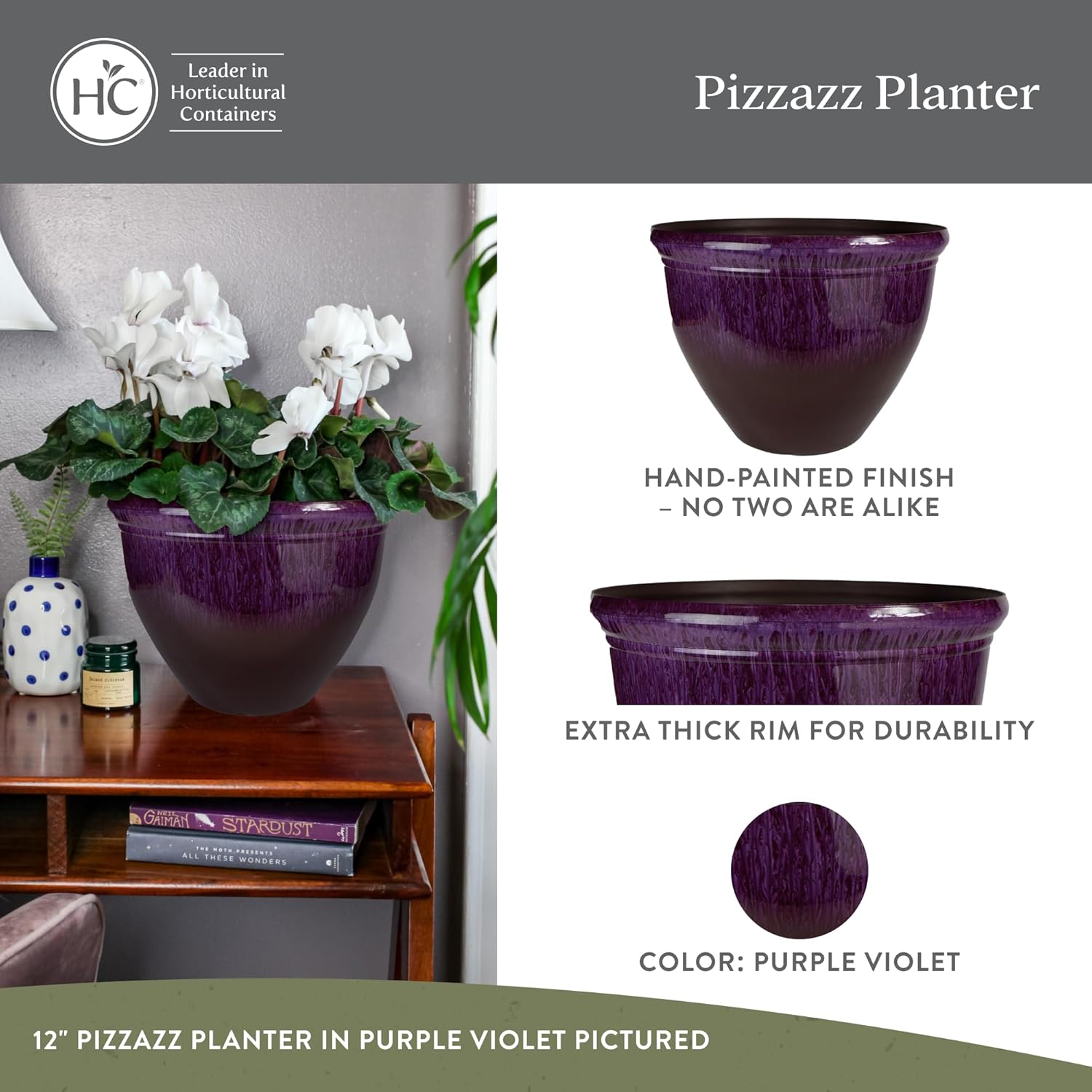 The HC Companies 12 Inch Pizzazz Round Planter Pots with Ceramic Look, Lightweight UV-Resistant Plastic Indoor & Outdoor Planters, 2-Pack Flower Pots for Garden & Home Decor, Purple Violet
