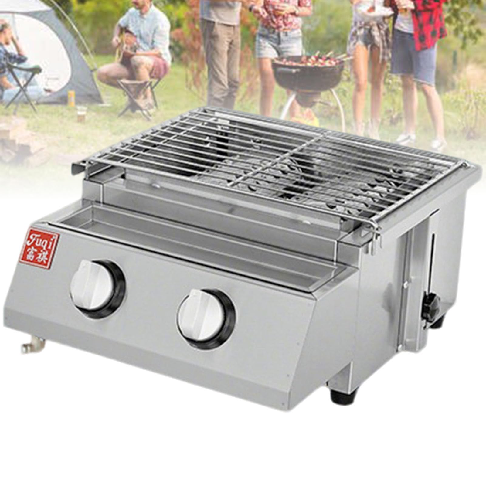 Grill komercyjny, grill LPG, grill gazowy stołowy, grill gazowy ze stalową osłoną, grill ogrodowy, grill ogrodowy z regulacją wysokości, do grillowania na imprezy w ogrodzie 2-Burner