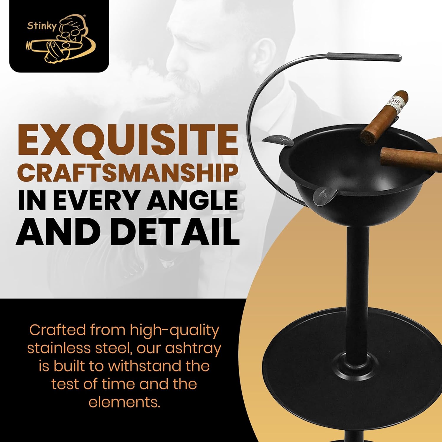 Stinky Cigar Floor Ashtray with Accessory Tray and Carry Handle, Windproof, 24-inch Tall, 4 Stirrups, Elegant Cigar Ashtray for Home - Removable Deep Bowl, Heat Resistant and Easy to Clean - Black