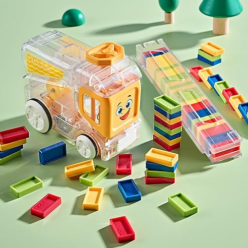 Miniatura 7 de Tren de dominó automático actualizado 2024 con 180 Dominos, juguetes STEM Montessori, regalos para niños (amarillo)