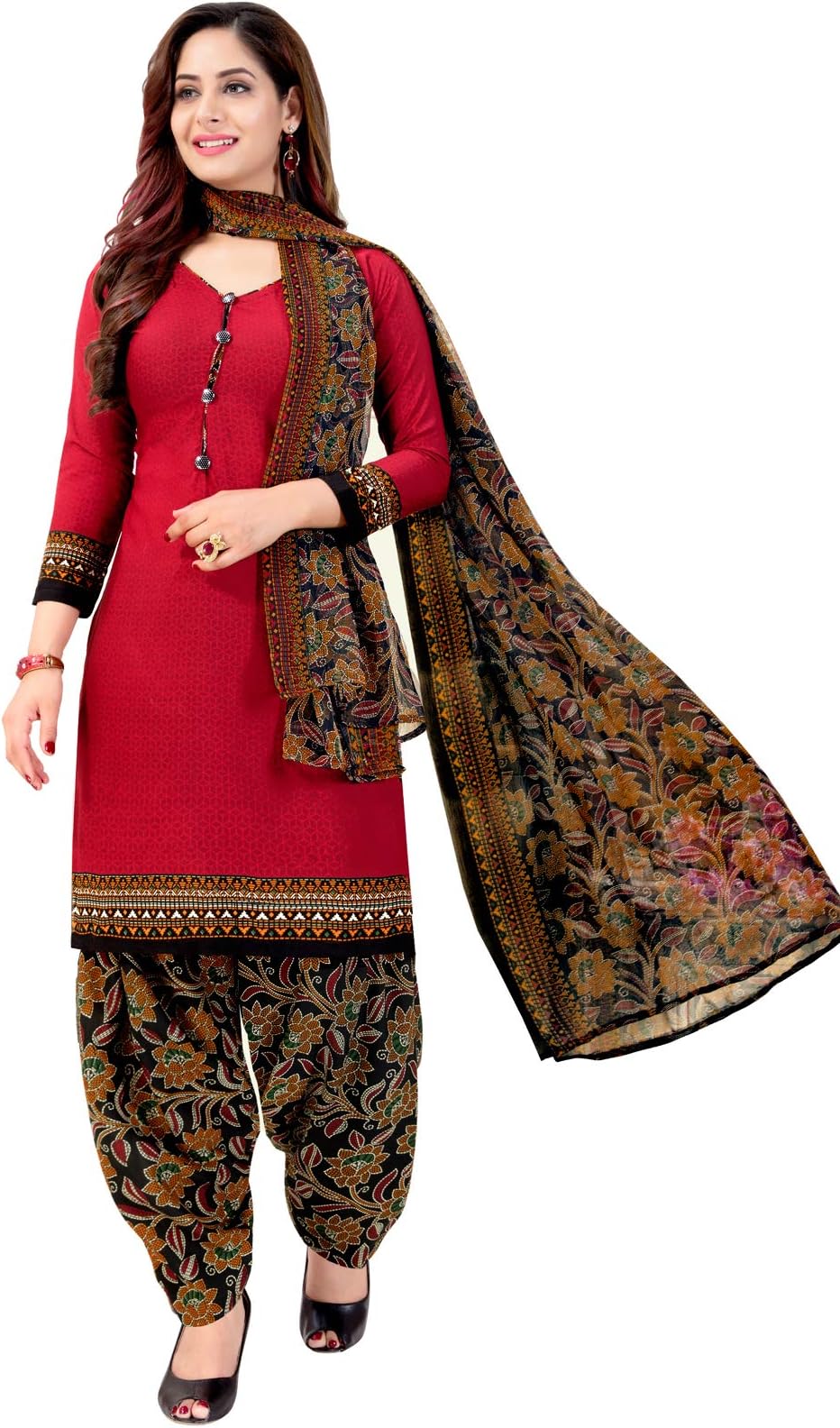Indian/Pakistani Salwar Kameez Women's Red Cotton Printed Unstitched Salwar Suit Material