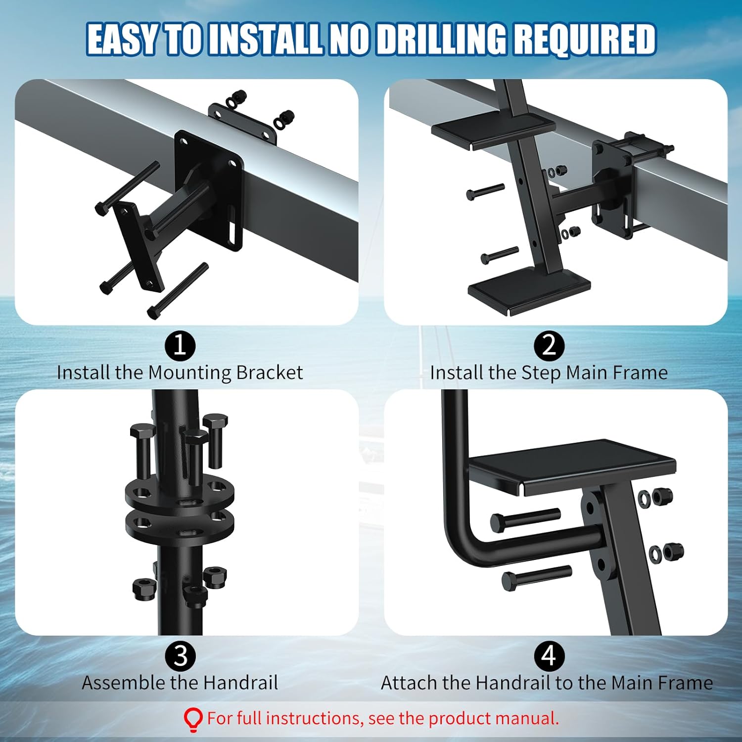 Heavy-Duty Side-Mount Boat Trailer Steps with Handrail – 500LB Capacity, Steel Anti-Slip Steps, Compatible with 2"-4" W x 3"-5" H Trailer Tongues, All-Steel Powder Coated (3 Steps)