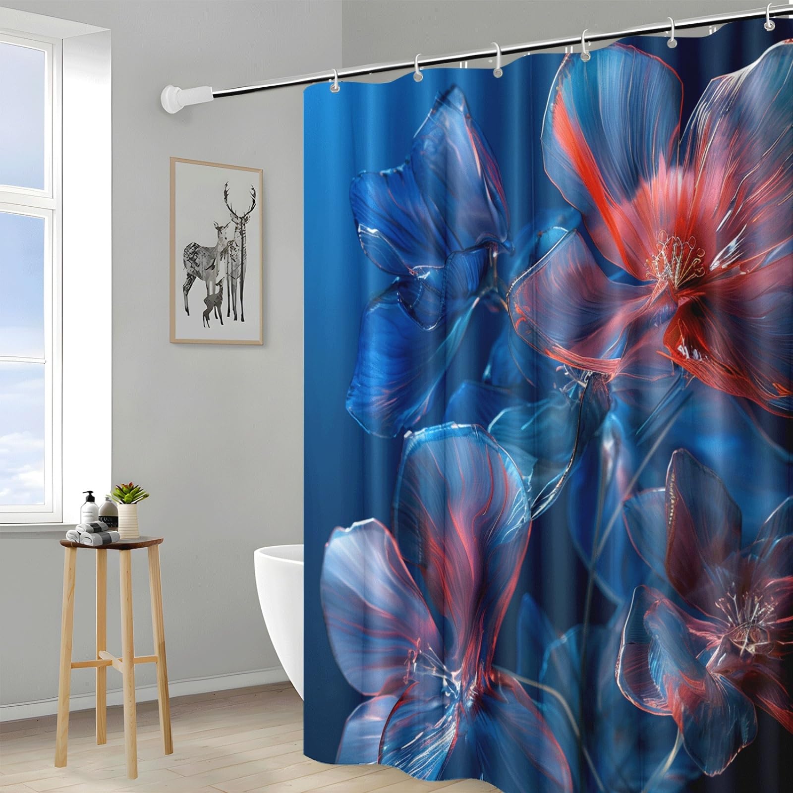 Tenda Doccia Fiori Rosso Blu Tenda Doccia Antimuffa Impermeabile Poliestere Lavabile con 12 Ganci Facile da Installare Tende Finestra Bagno per Dormitorio Hotel(180x220cm)