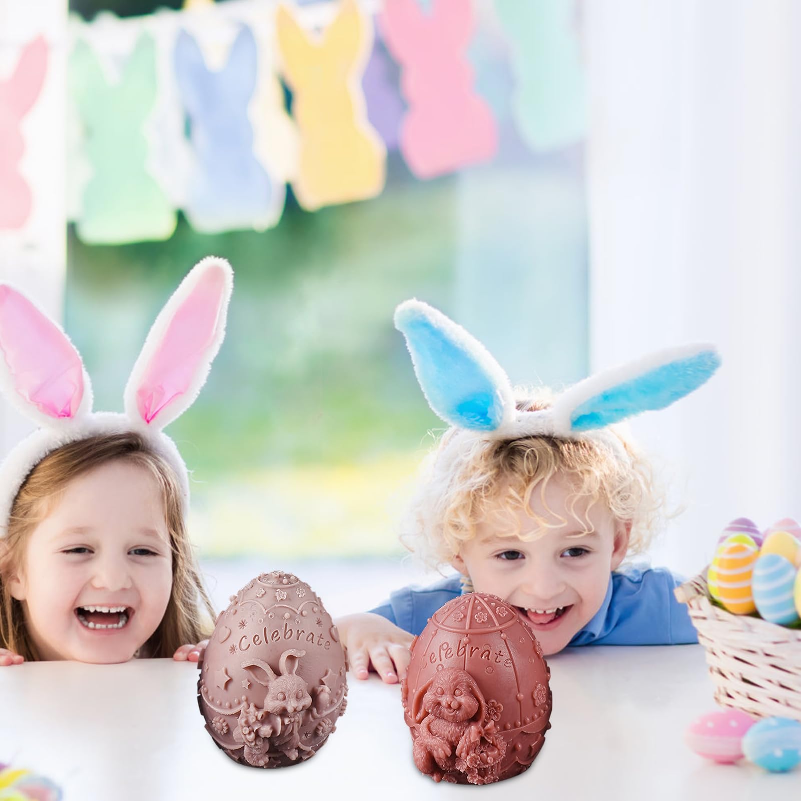 Lot de 2 moules en silicone en forme d'œuf 3D en forme de lapin pour bougies, chocolats, bonbons faits à la main