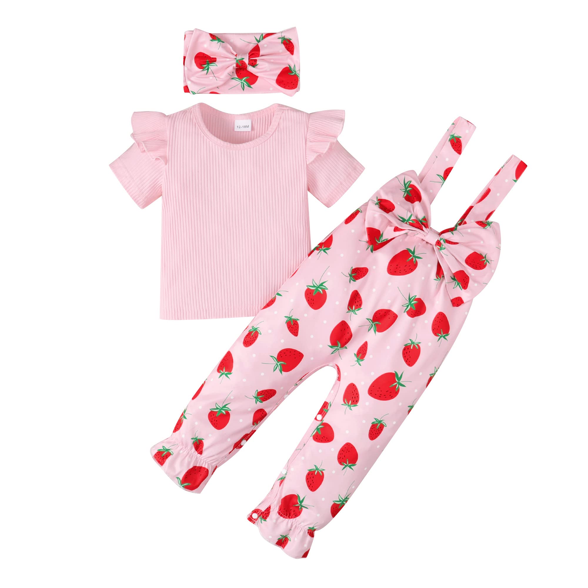 ZOELNIC Baby Girls Summer Clothes Ruffle Short Sleeve T-shirt Suspender Pants Ovralls with Cute Headband 3pcs Summer Outfits
