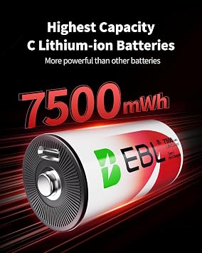 EBL Rechargeable C Batteries 7500mWh 1.5V Lithium USB-C Cable 1600+ Cycles Fast Charging for Cameras, Flashlights Toys Emergency Lights (4 Pack)