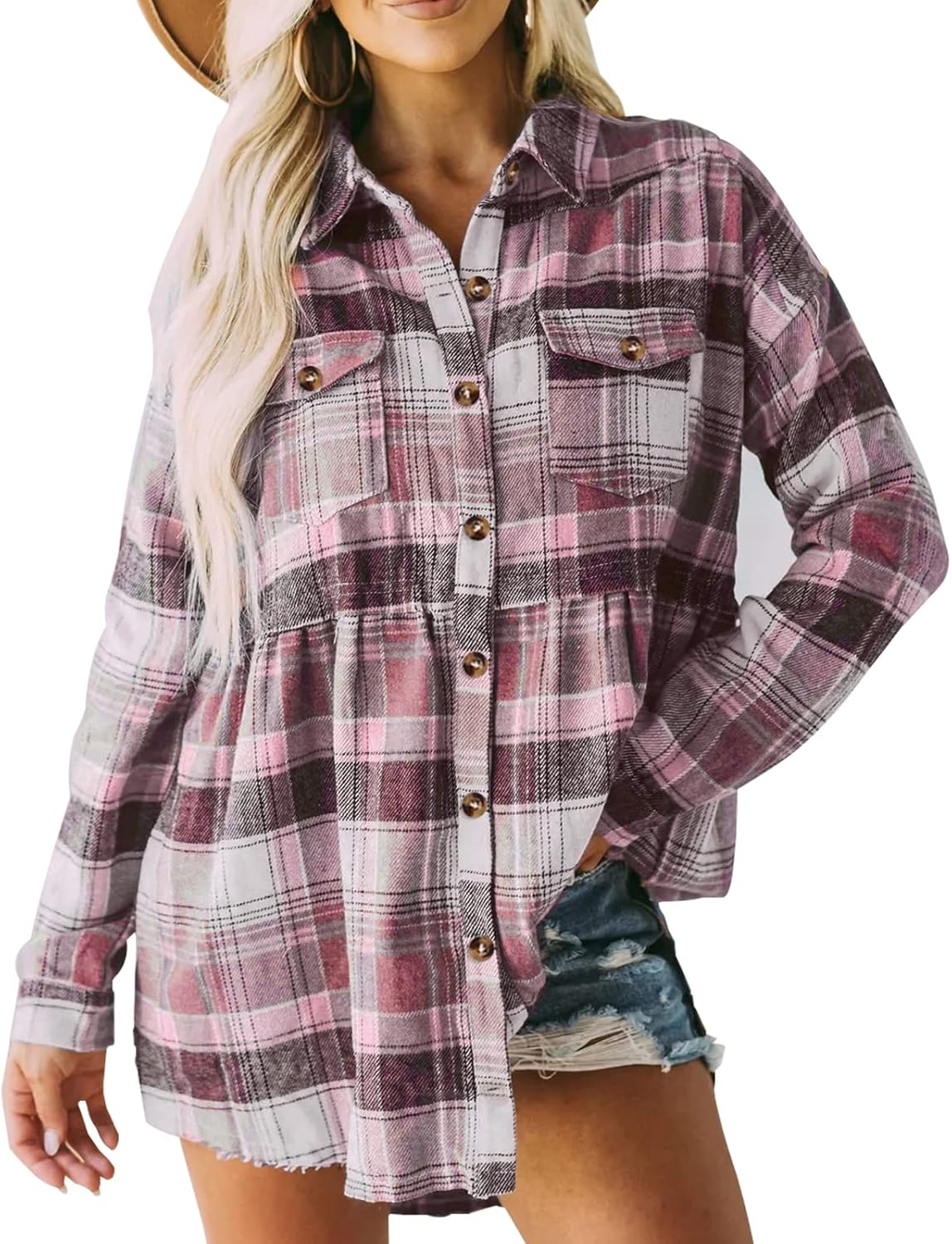 Button Down Peplum Flannel Shirt Dark Purple Women's Plaid Shirts