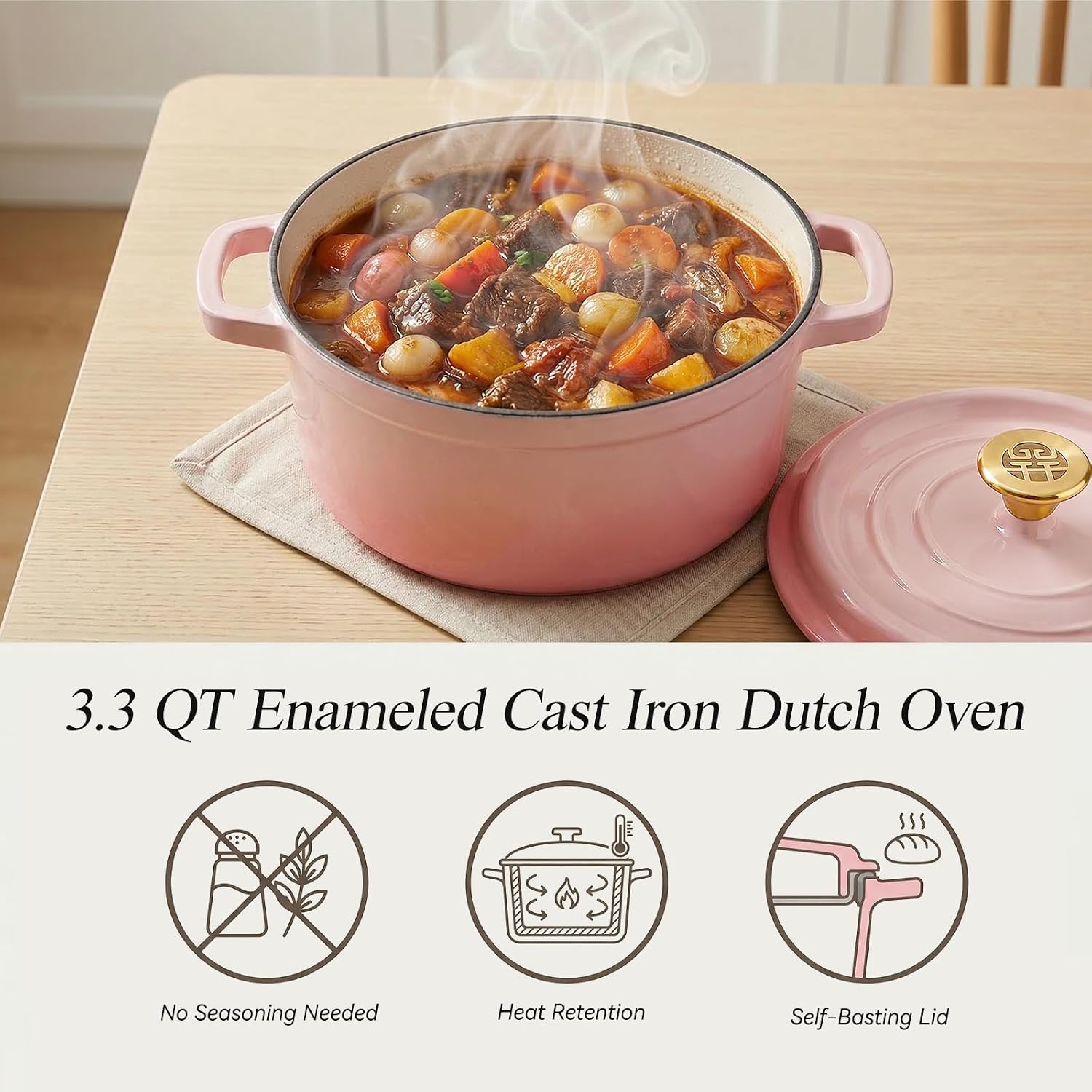 WANGYUANJI 3.3 Quart Enameled Cast Iron Dutch Oven with Lid, 8.7-Inch Heavy-Duty Casserole & Braiser Pan, Thick-Wall Construction, Silver Stainless Steel Knob, Gradient Pink, Safe for All Cooktops
