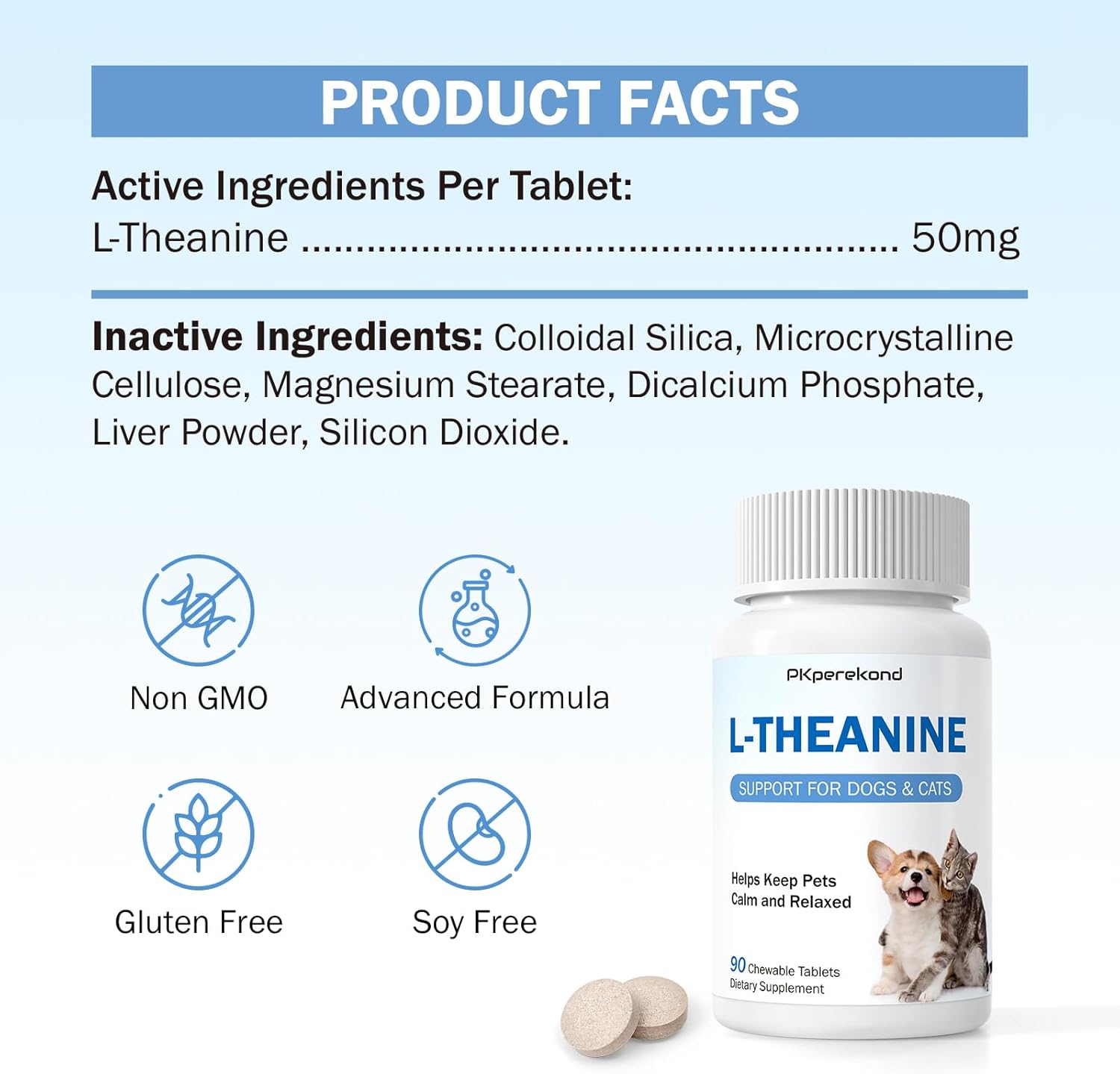 L-Theanine Supplement for Dogs and Cats, 50mg, 90 Chewable Tablets, Helps Keep Pets Calm & Relaxed