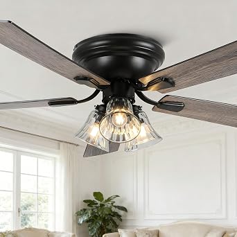 52" Flush Mount Vintage Ceiling Fan with Lights and Remote Control, Farmhouse Rustic Ceiling Fan Low Profile Fandelier Chandelier for Bedroom Living Room Kitchen, 3 E26 Bulbs Not Included