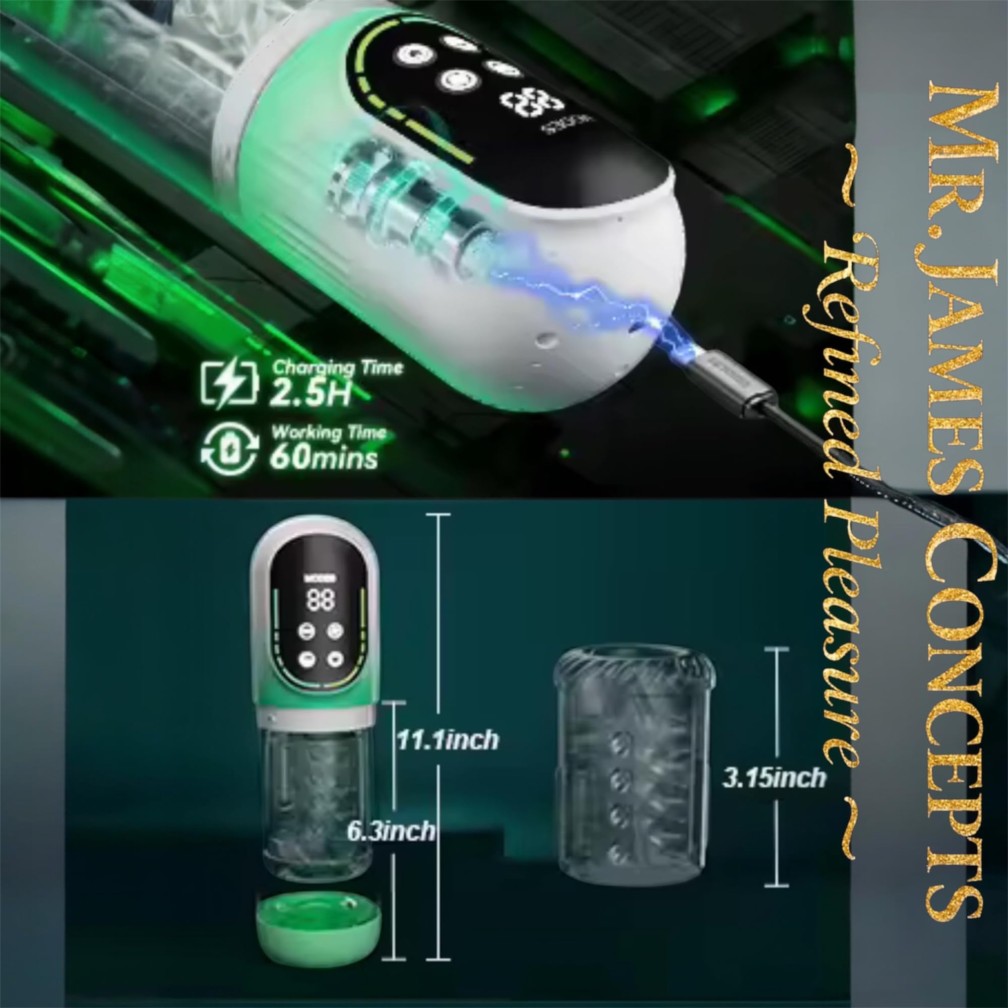 Mr. James Concepts – Masturbatore maschile with vuoto Pump – 3 Pressure Levels, 3D movimento a spinta & rotazione, 7 modalità, silicone morbido Sleeve, impermeabile, ricaricabile USBe Stroker