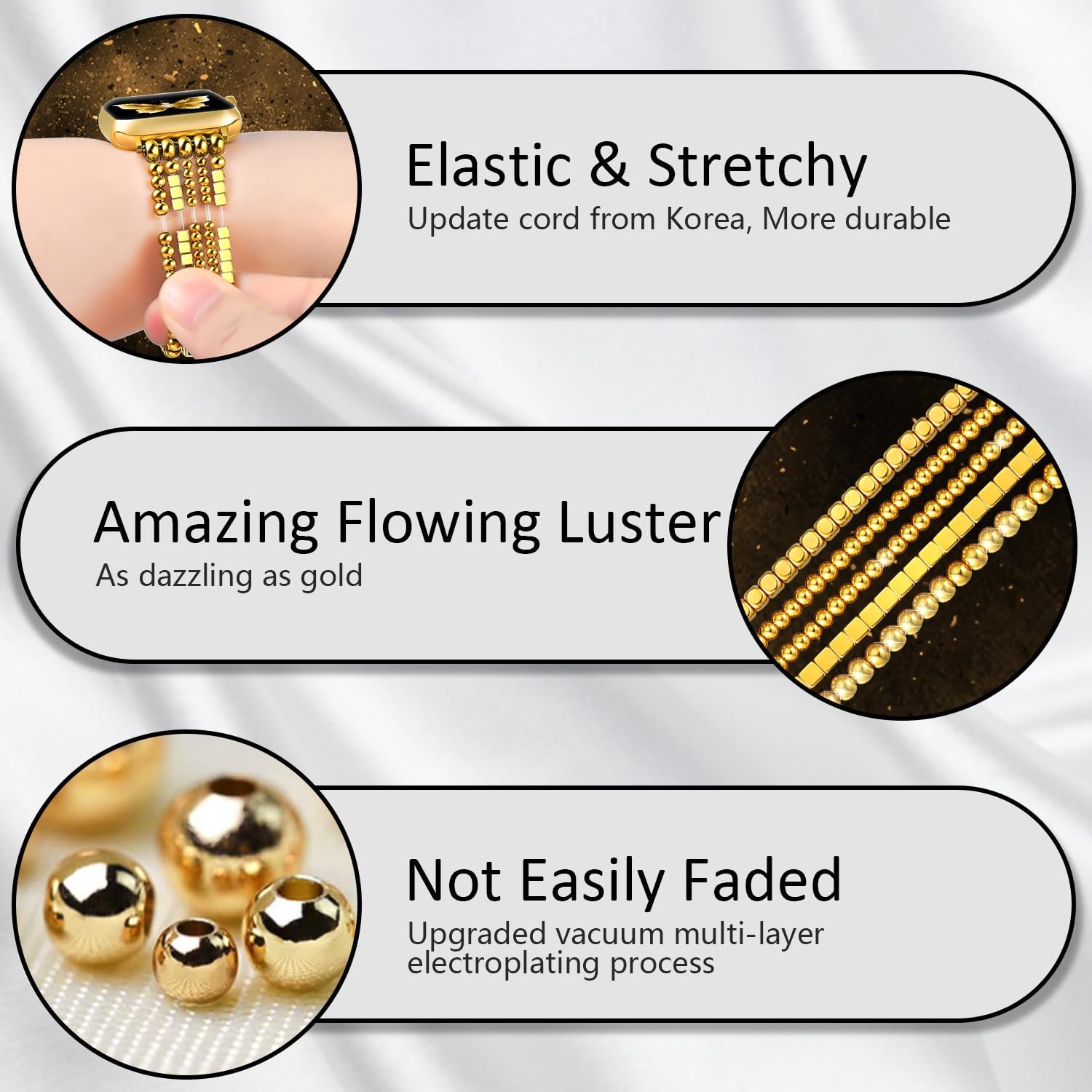 fastgo Gold Beaded Bracelet Band Compatible with Apple Watch Band 41mm/40mm/38mm/44mm/45mm/42mm/49mm Women, Dressy Elastic Stretchy Beaded Strap for Iwatch Series 9 Ultra 8 7 6 5 4 3 2 1 SE(Gold) - Image 4